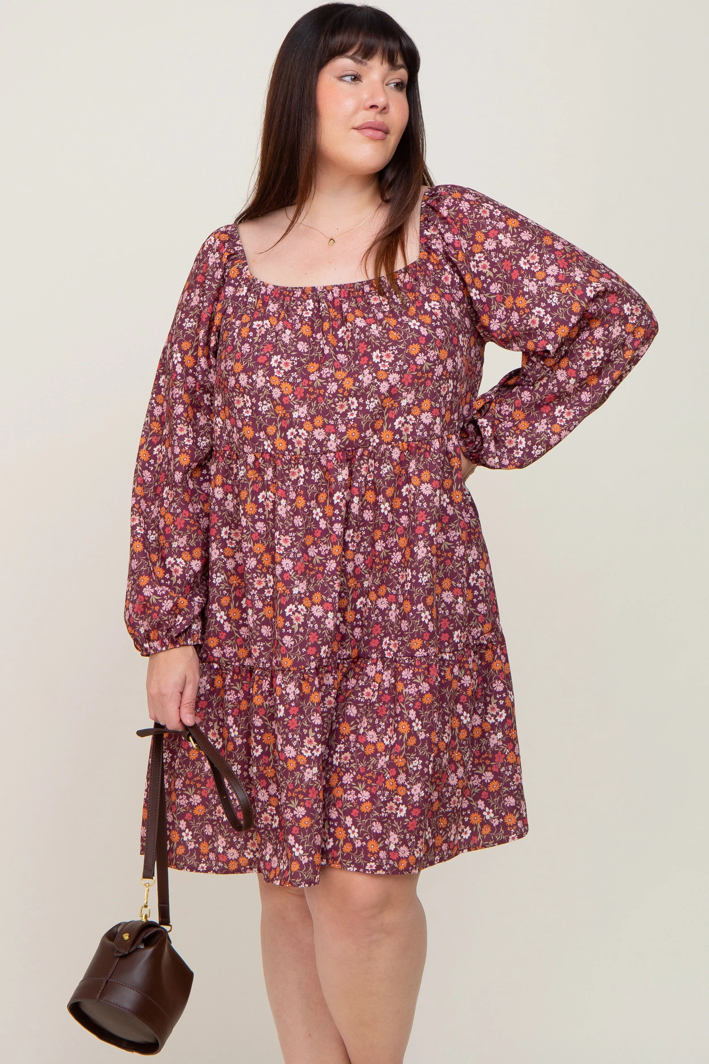Burgundy Floral Long Sleeve Plus Dress sold by Pinkblush