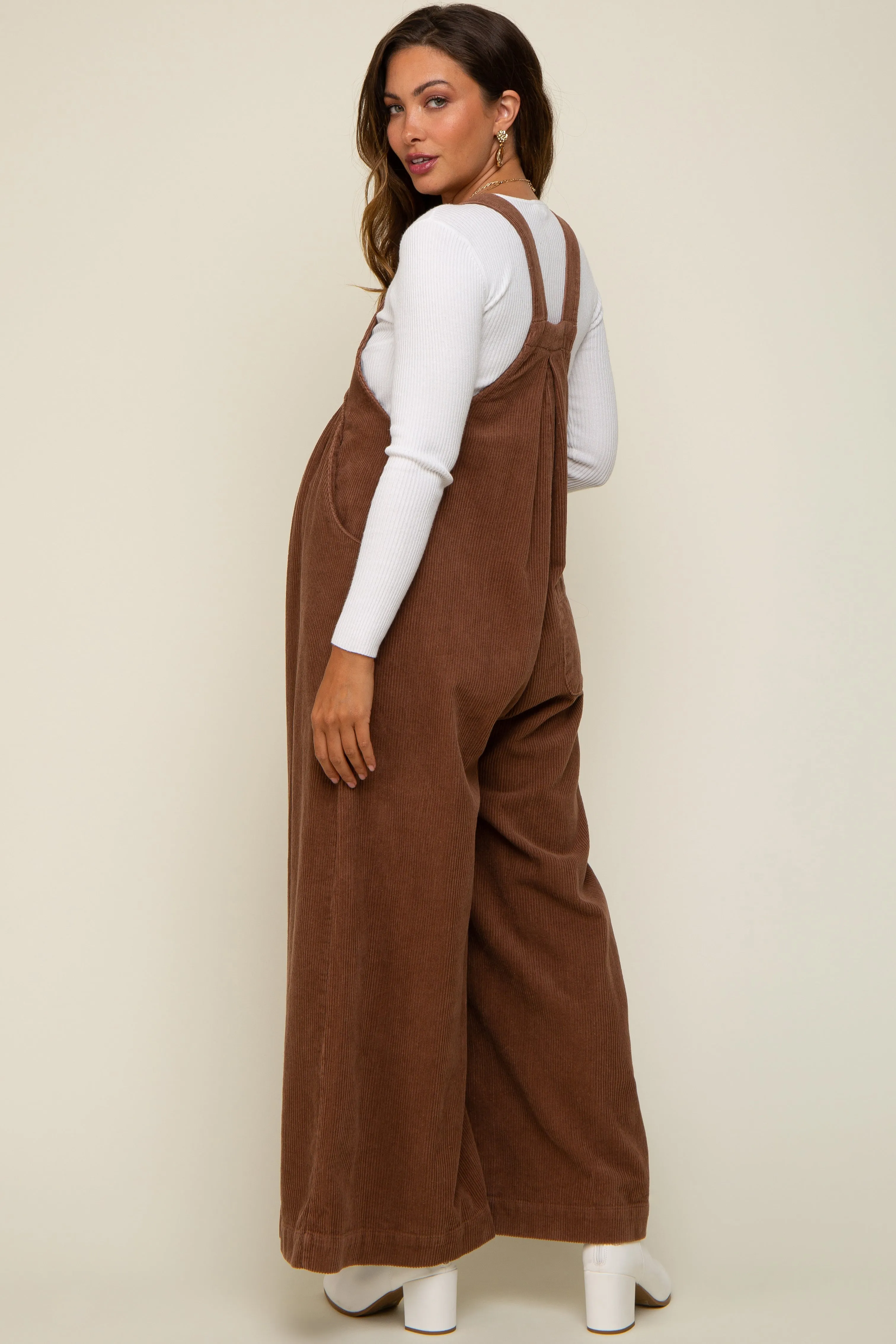 Mocha Corduroy Front Pleated Wide Leg Maternity Overalls sold by Pinkblush product image thumbnail 3