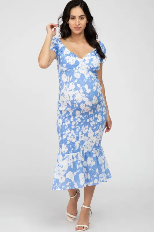 Blue Floral Smocked Off Shoulder Maternity Fitted Dress sold by Pinkblush