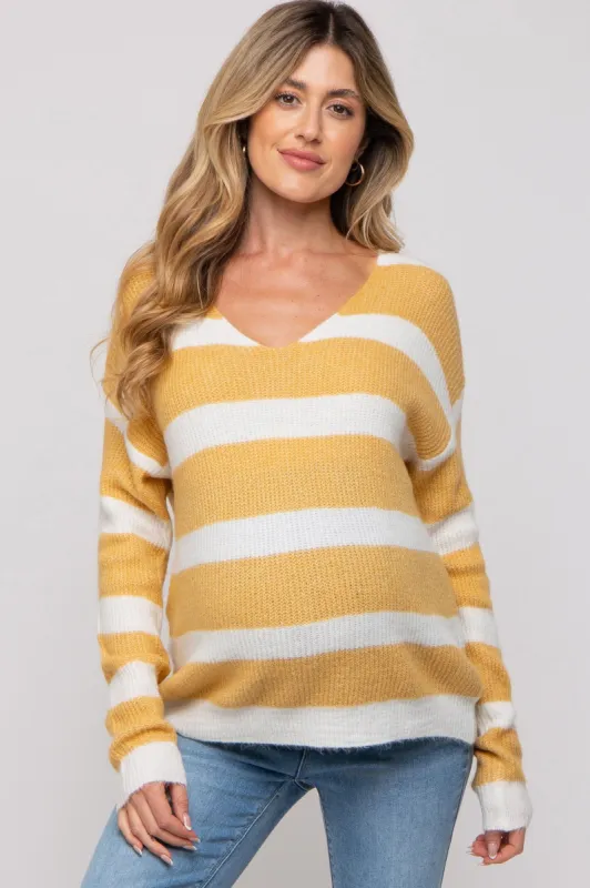Yellow Striped V-Neck Maternity Sweater sold by Pinkblush