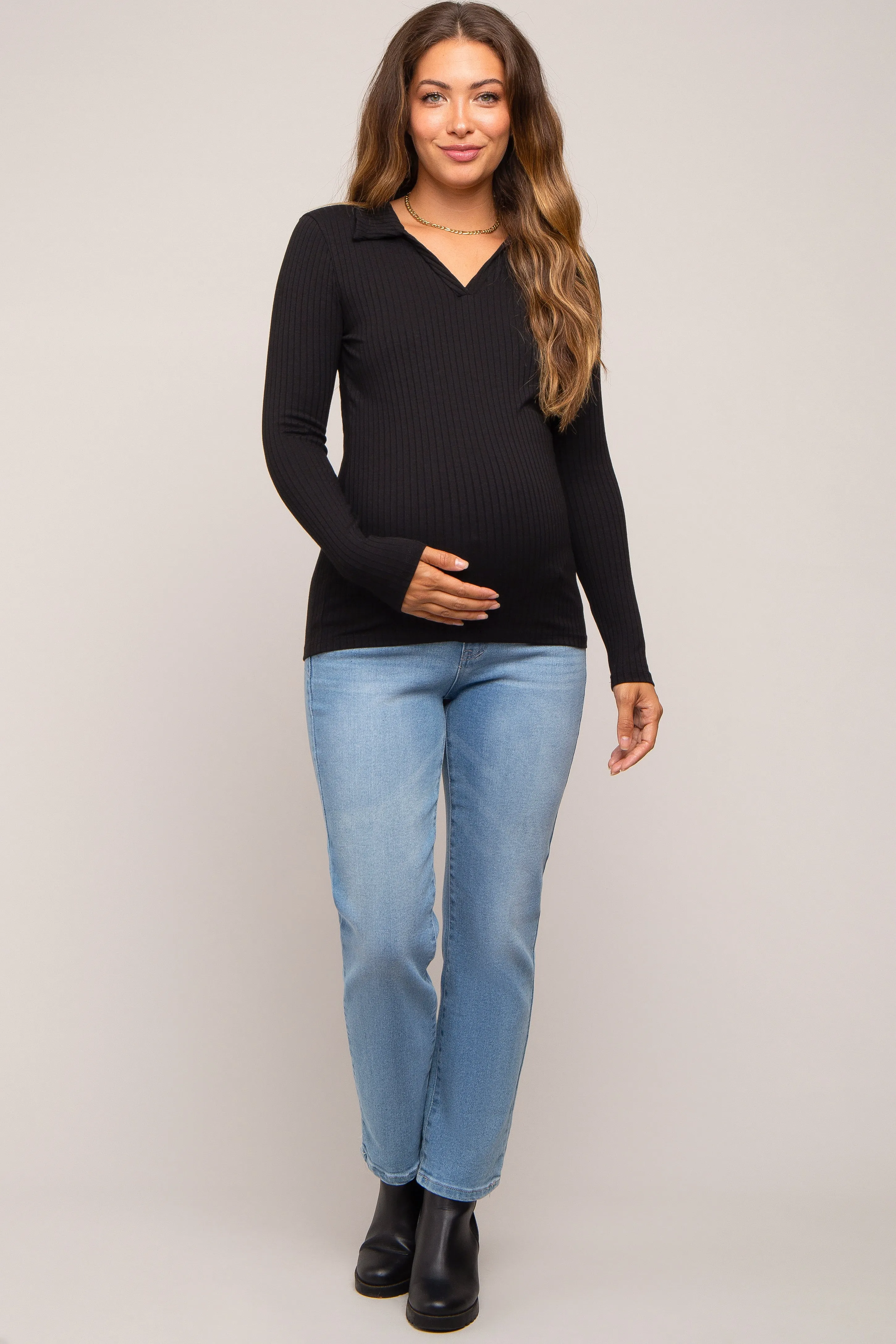 Black Ribbed Collared Long Sleeve Maternity Top sold by Pinkblush product image thumbnail 5