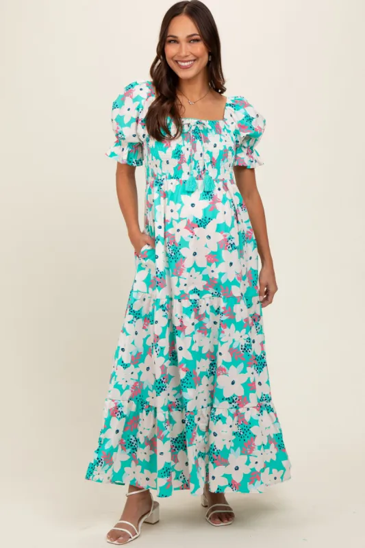 Aqua Floral Puff Sleeve Maternity Maxi Dress sold by Pinkblush