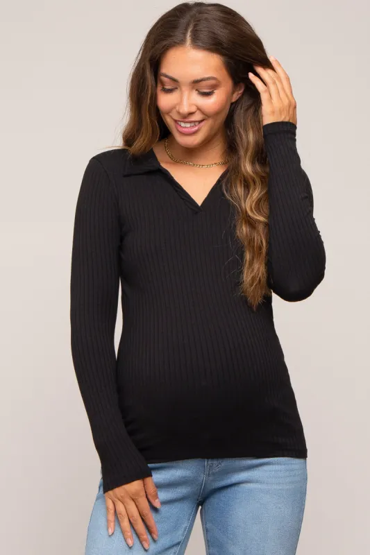 Black Ribbed Collared Long Sleeve Maternity Top sold by Pinkblush