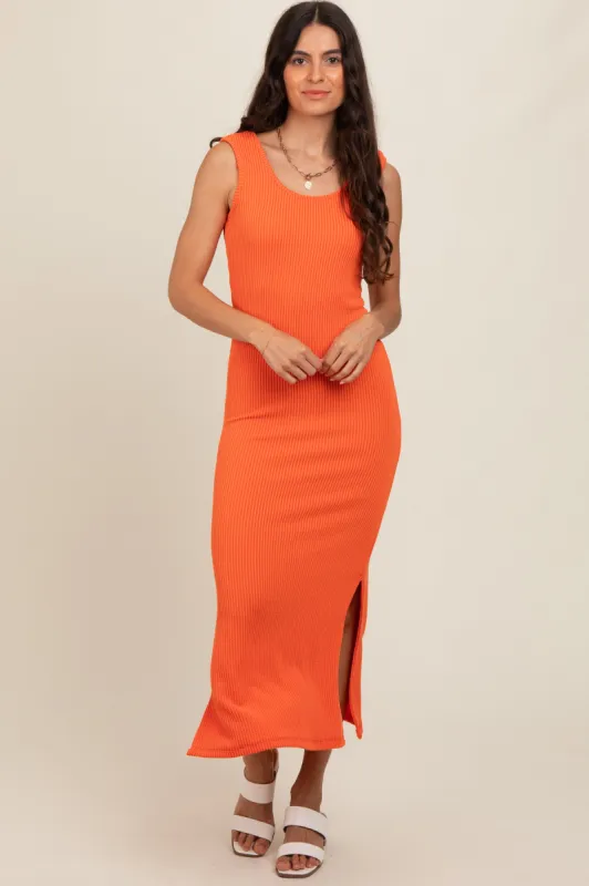 Orange Ribbed Side Slit Maxi Dress sold by Pinkblush