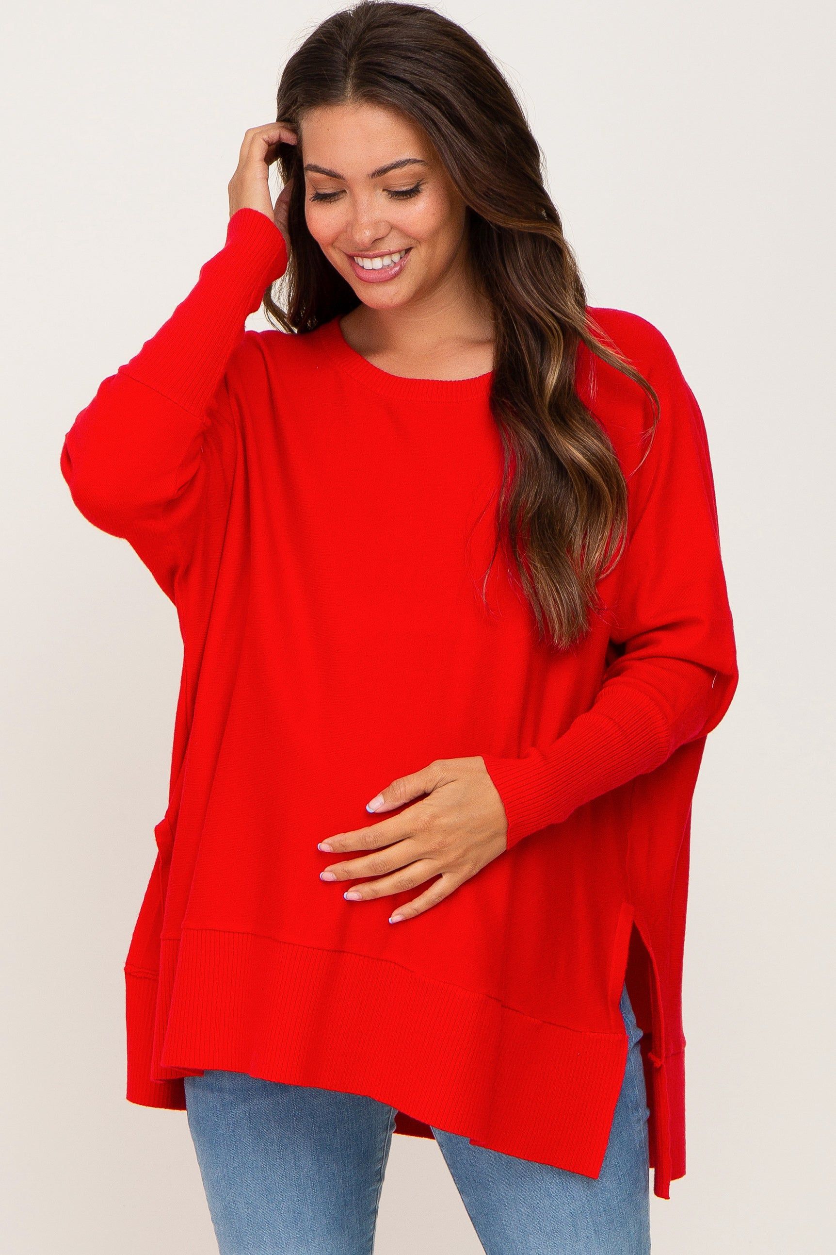 Red Dolman Sleeve Side Slit Maternity Sweater sold by Pinkblush