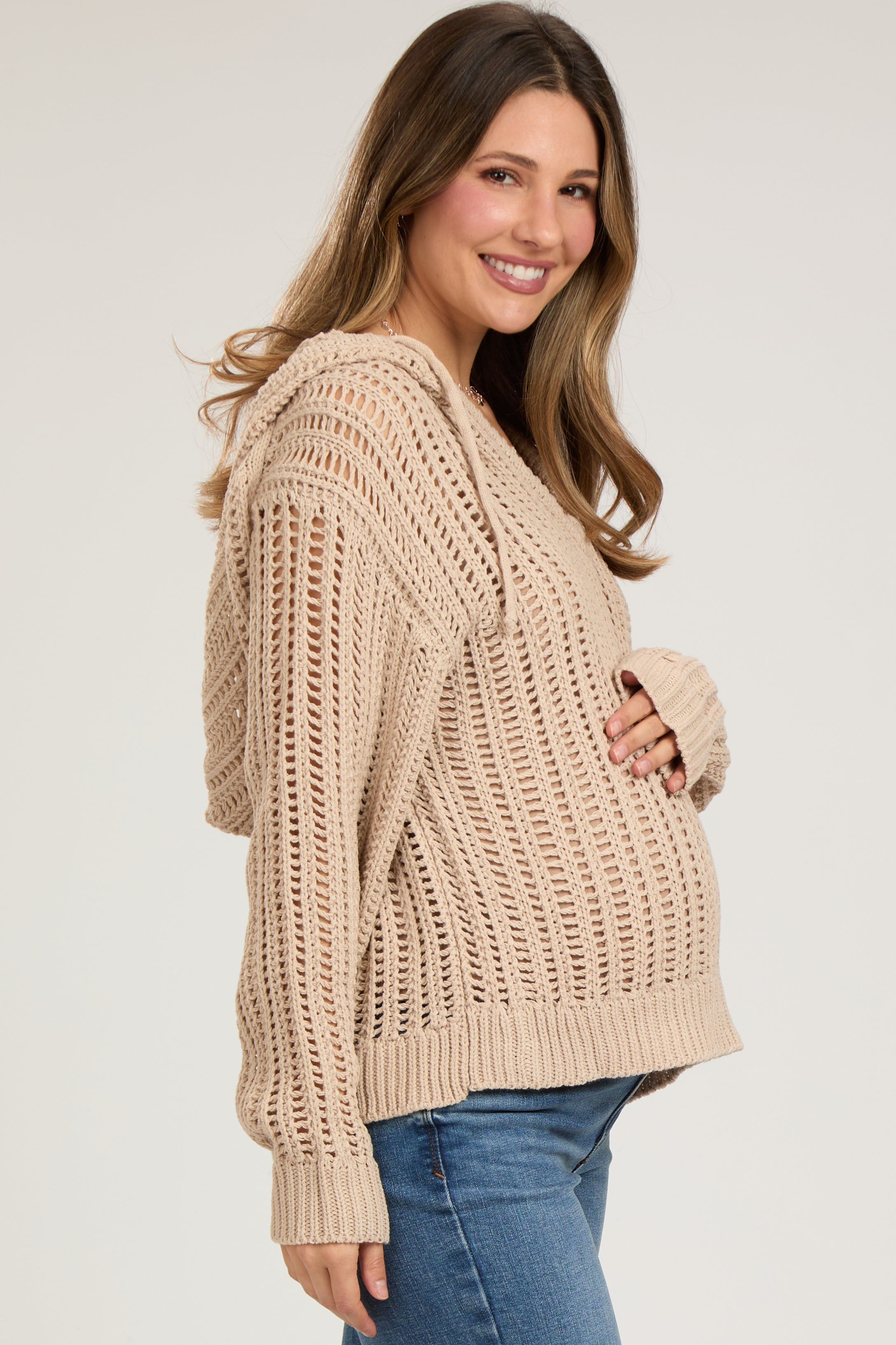 Taupe Open Knit Maternity Hooded Sweater sold by Pinkblush product image thumbnail 2