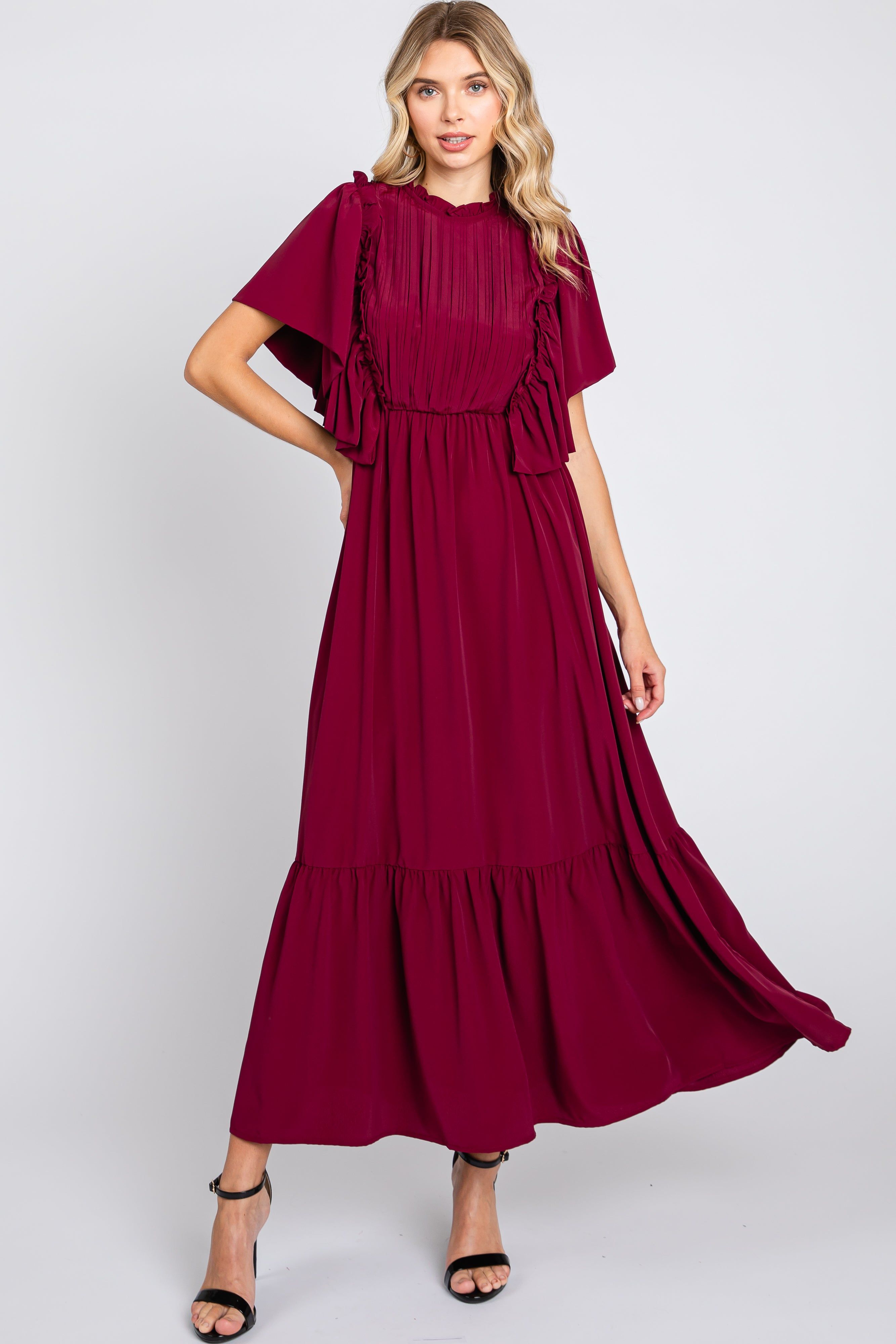 Burgundy Ruffle Pleated Maxi Dress sold by Pinkblush product image thumbnail 3