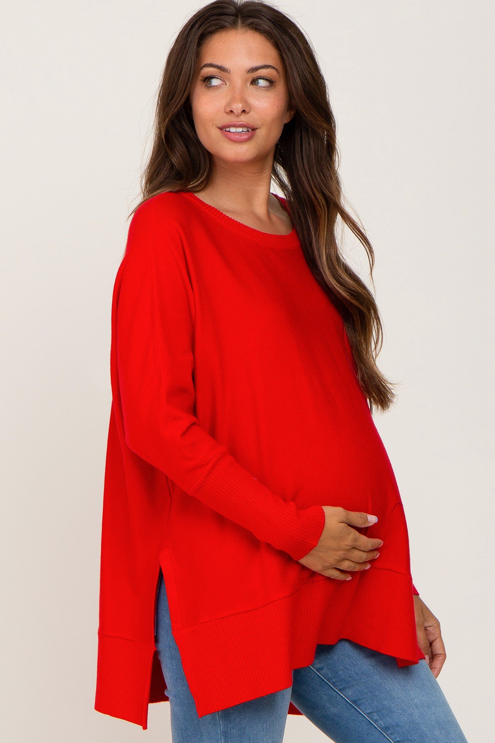 Red Dolman Sleeve Side Slit Maternity Sweater sold by Pinkblush product image thumbnail 2