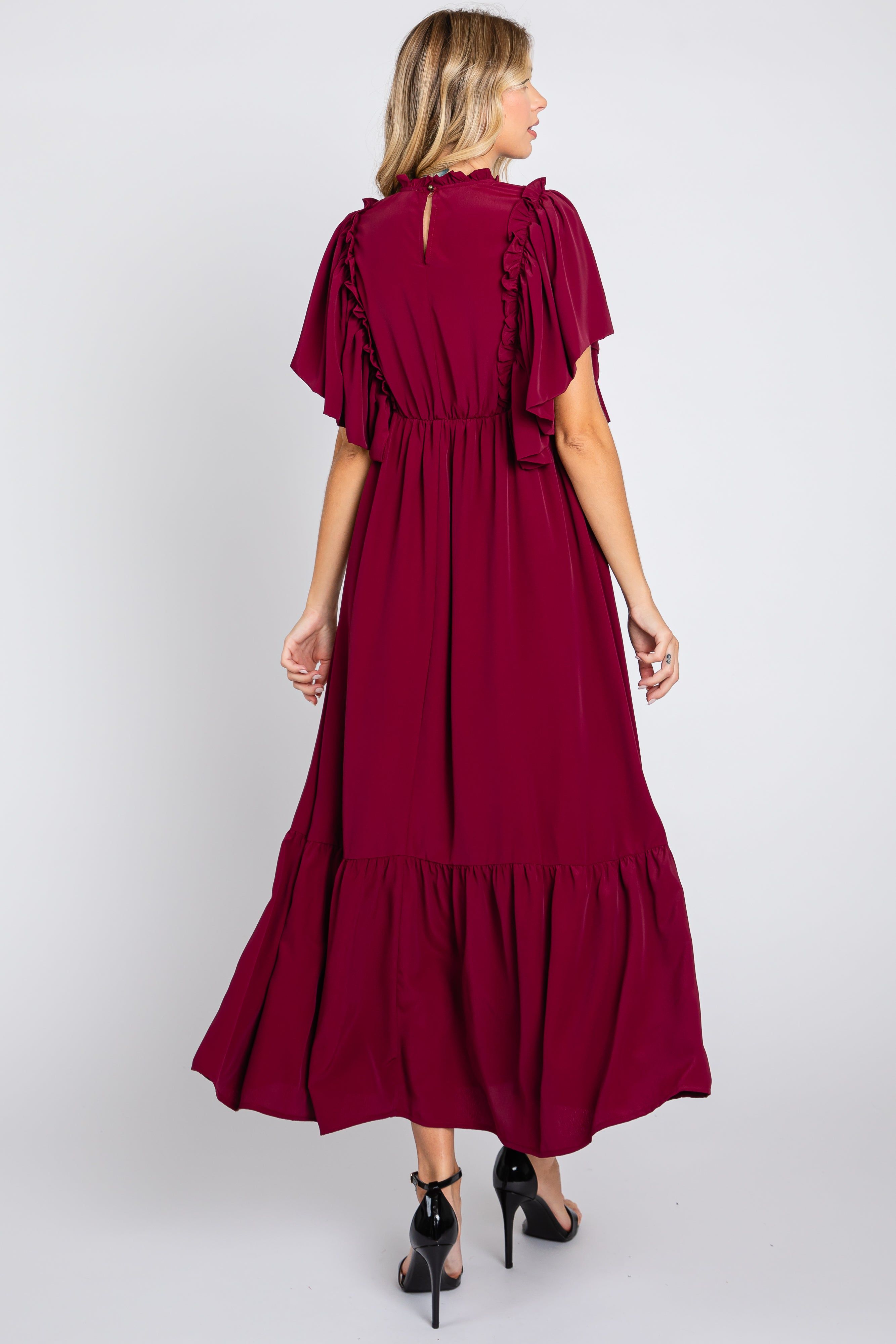 Burgundy Ruffle Pleated Maxi Dress sold by Pinkblush product image thumbnail 4