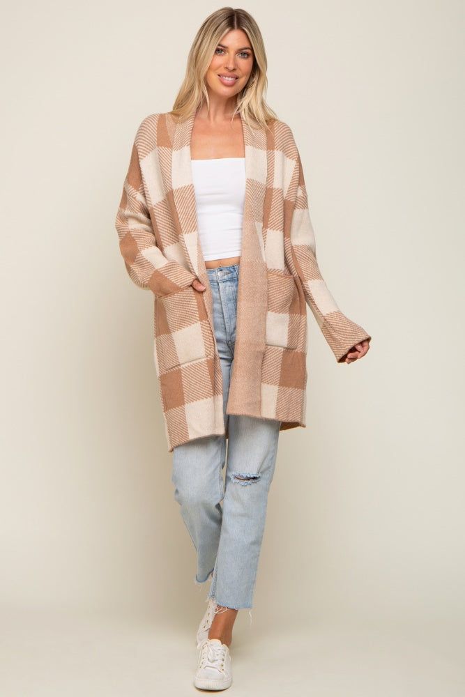 Taupe Plaid Shawl Cardigan sold by Pinkblush product image thumbnail 4