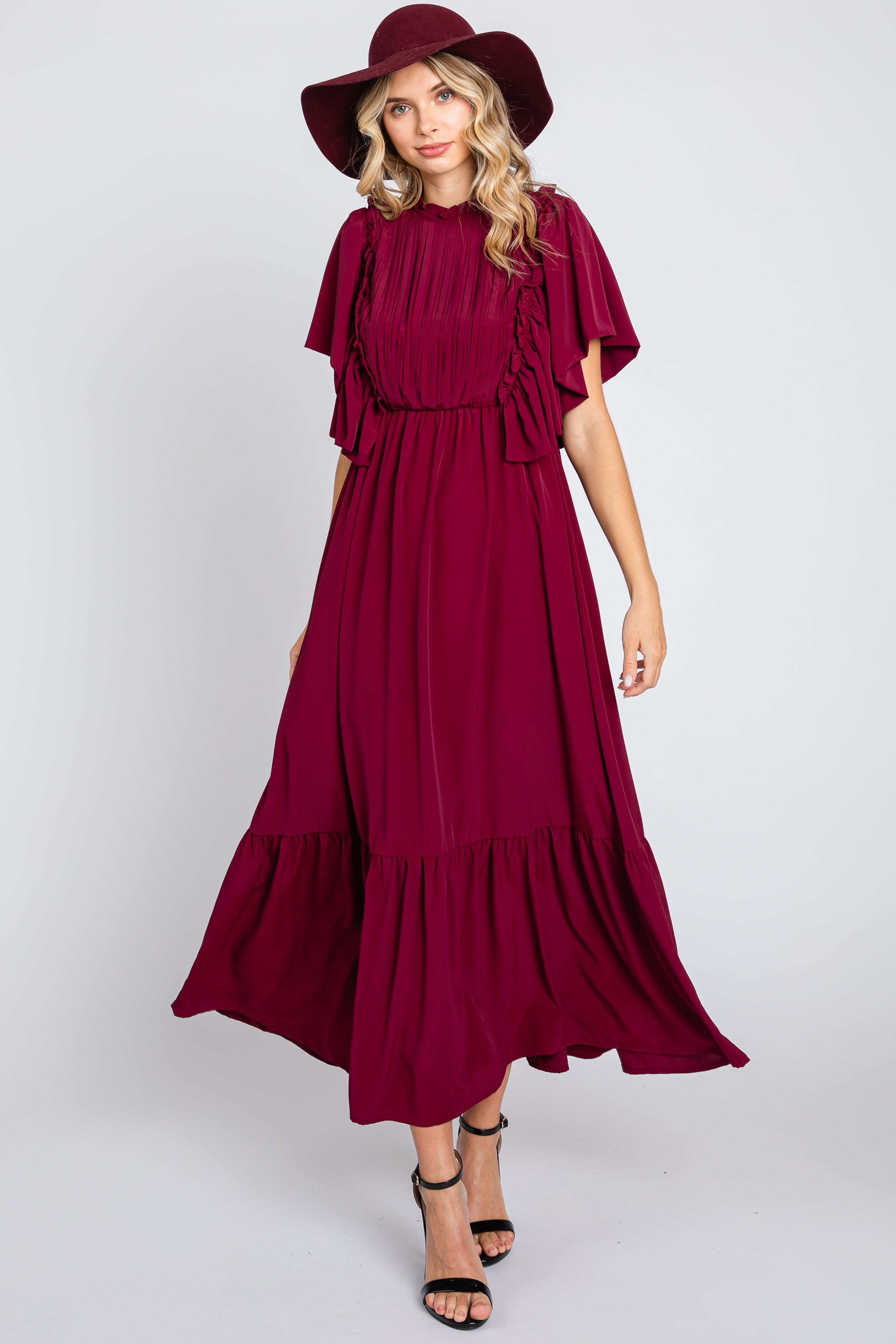 Burgundy Ruffle Pleated Maxi Dress sold by Pinkblush