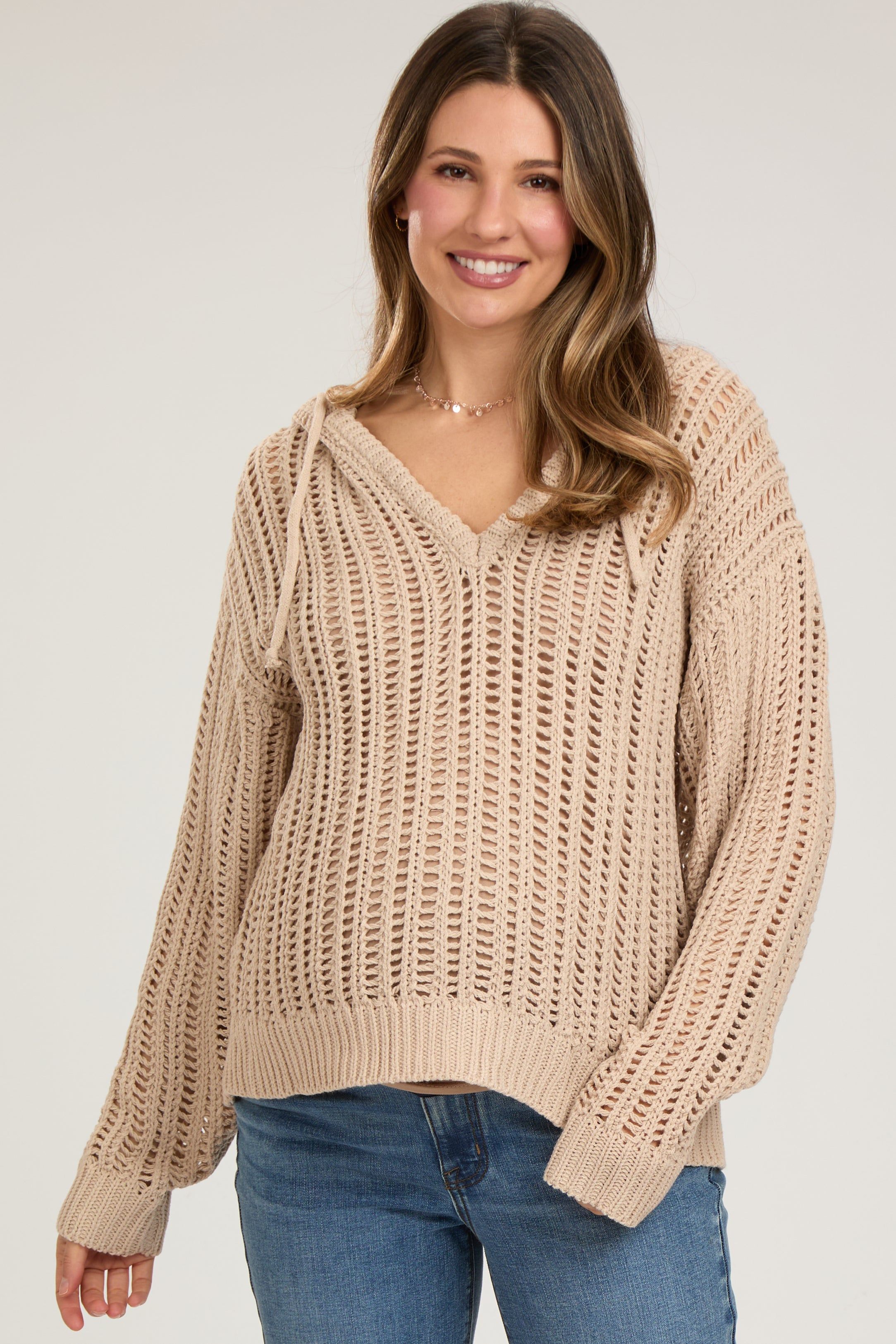 Taupe Open Knit Maternity Hooded Sweater sold by Pinkblush
