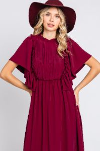 Burgundy Ruffle Pleated Maxi Dress sold by Pinkblush