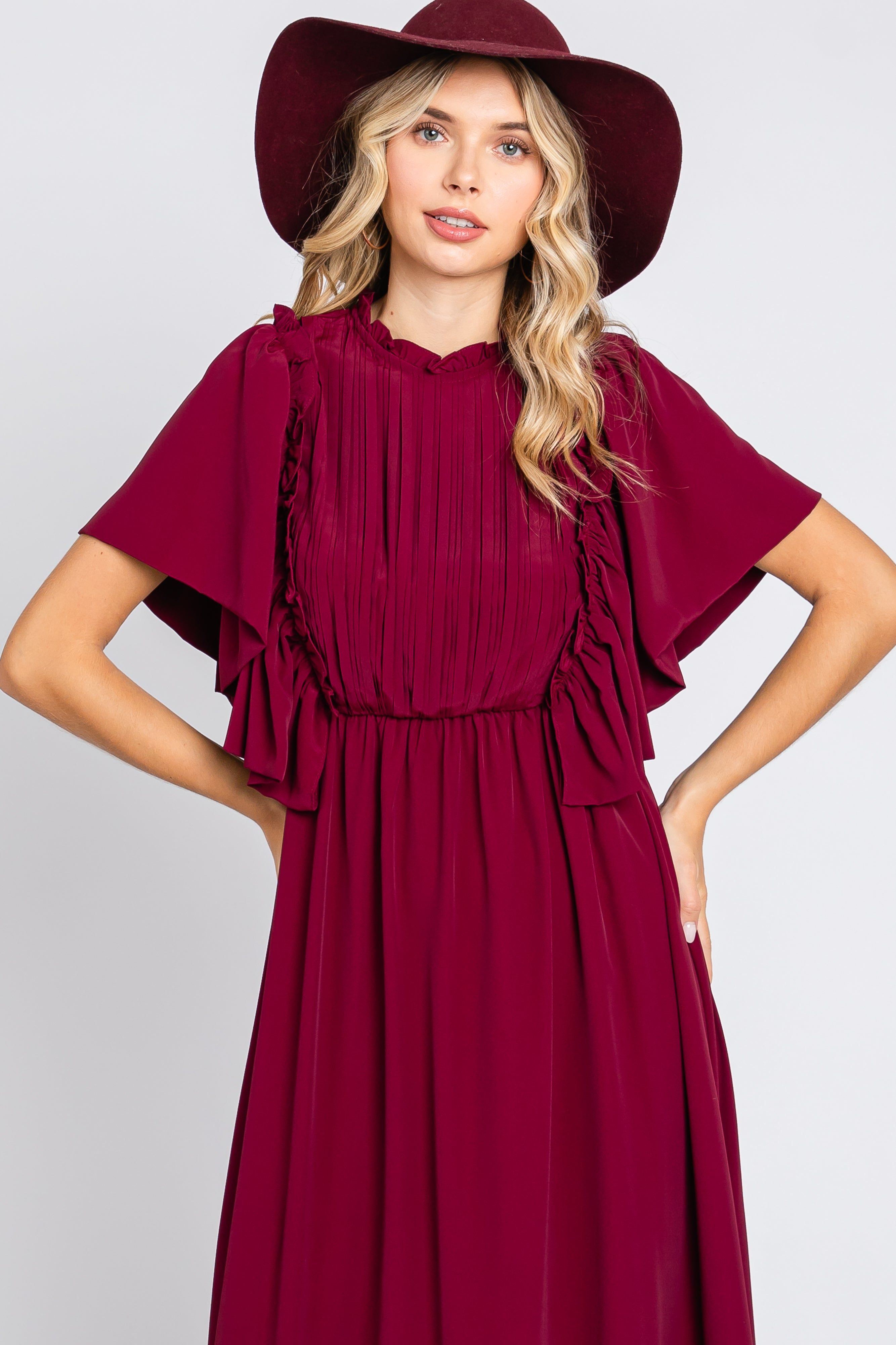 Burgundy Ruffle Pleated Maxi Dress sold by Pinkblush product image thumbnail 5