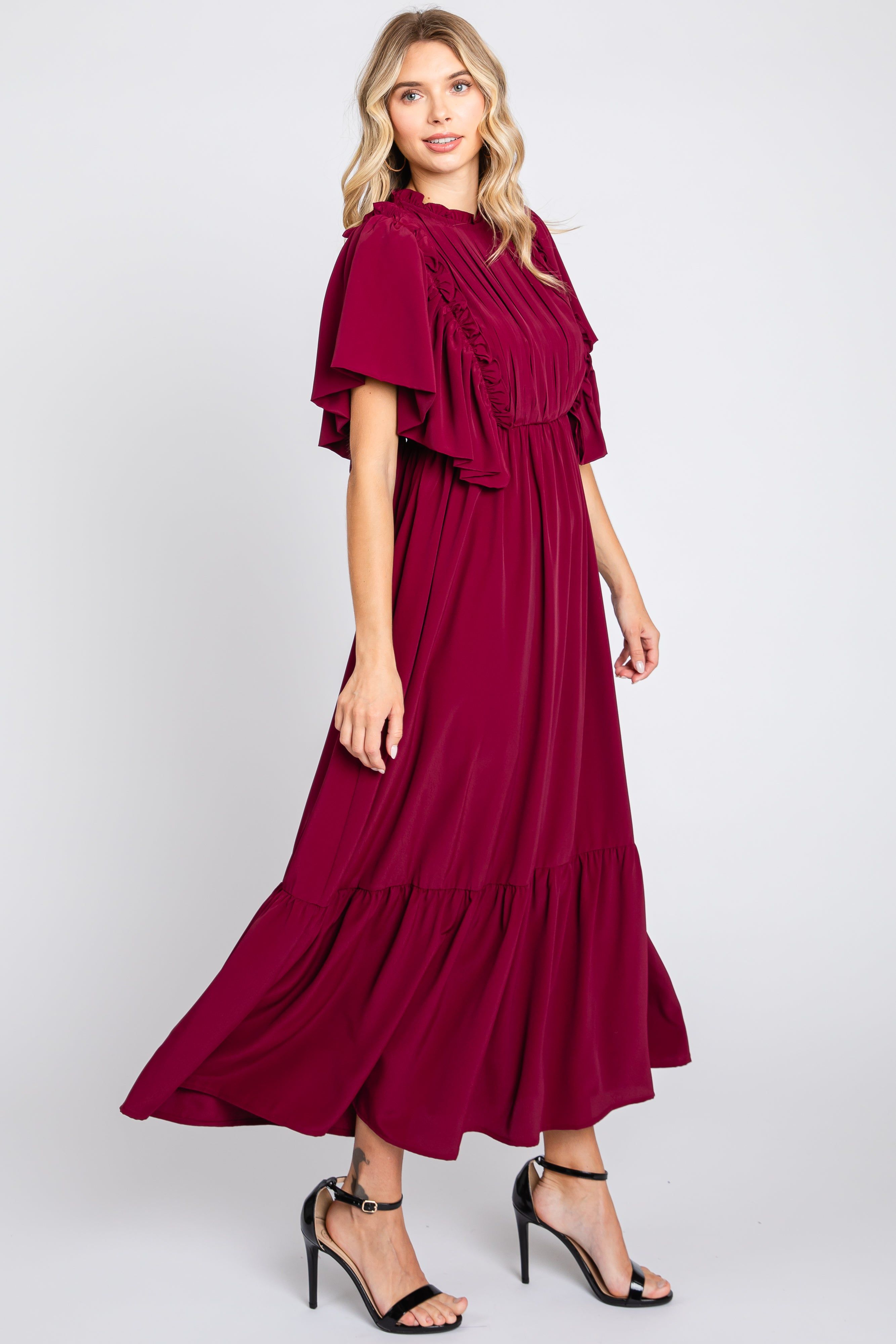 Burgundy Ruffle Pleated Maxi Dress sold by Pinkblush product image thumbnail 2
