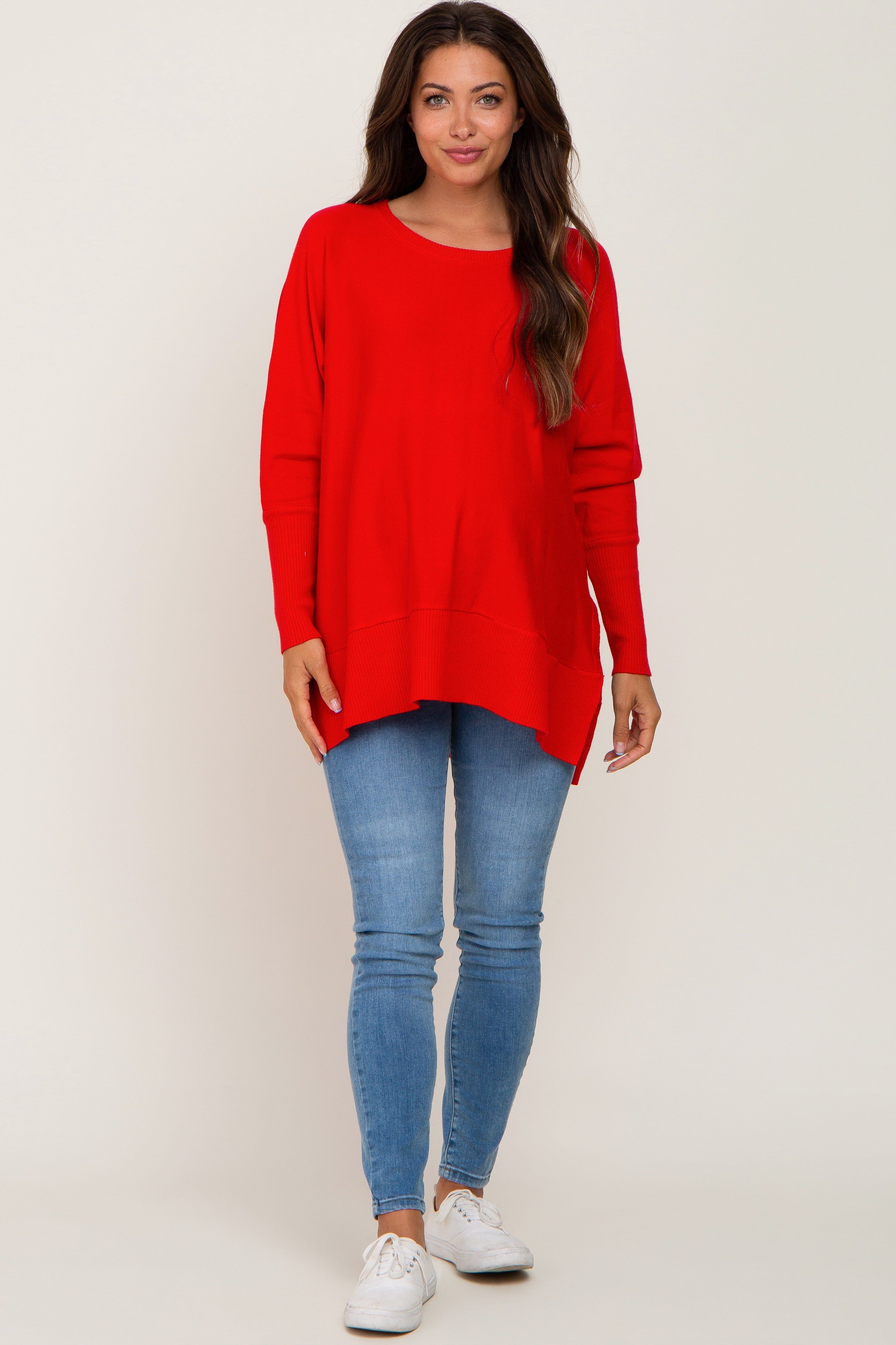 Red Dolman Sleeve Side Slit Maternity Sweater sold by Pinkblush product image thumbnail 4