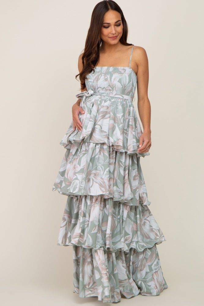 Mint Green Floral Ruffle Tiered Smocked Maternity Maxi Dress sold by Pinkblush