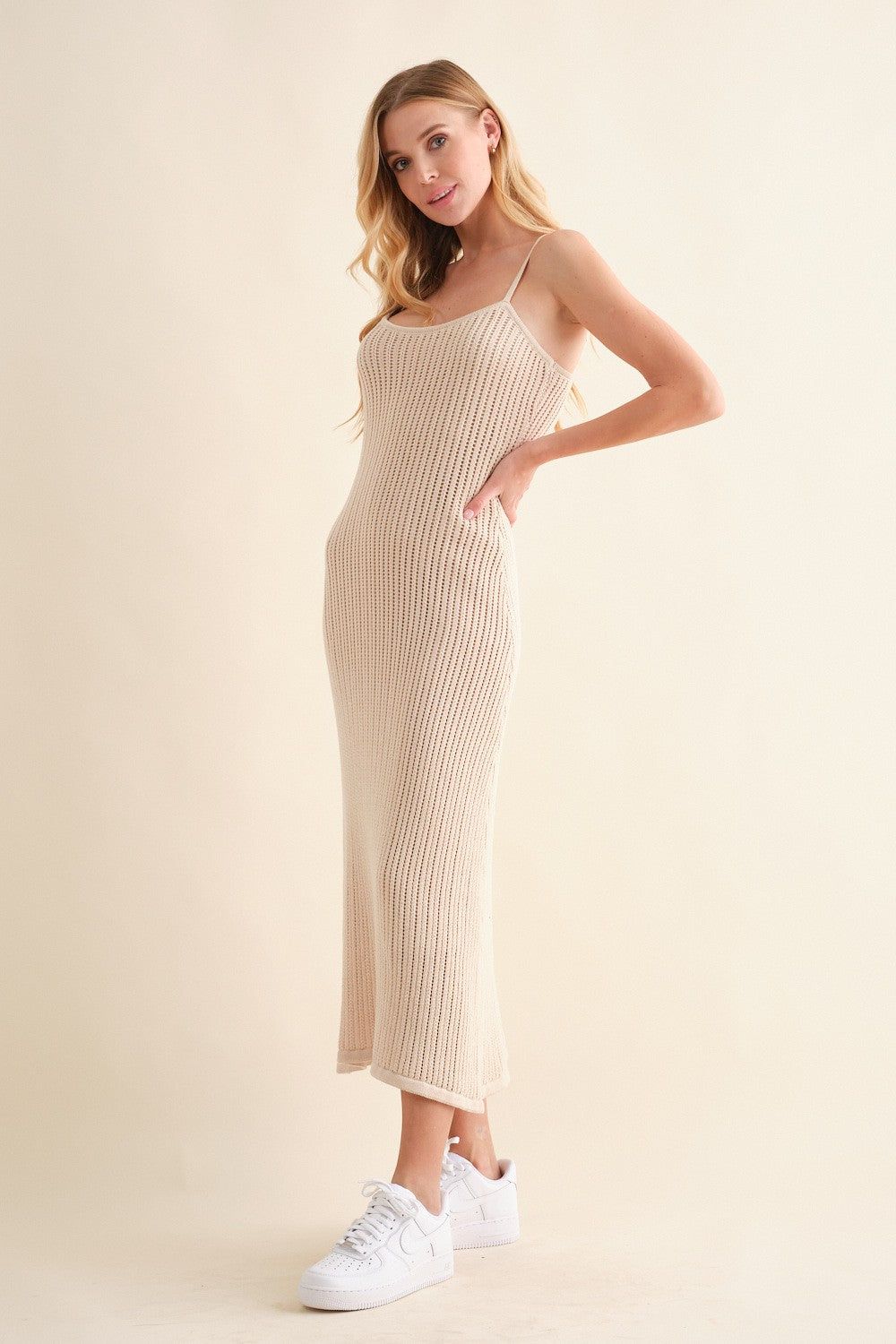 Beige Open Knit Crochet Midi Dress sold by Pinkblush product image thumbnail 2