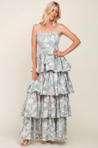 Mint Green Floral Ruffle Tiered Smocked Maternity Maxi Dress sold by Pinkblush