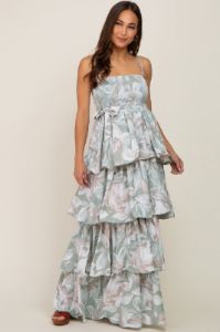 Mint Green Floral Ruffle Tiered Smocked Maternity Maxi Dress sold by Pinkblush