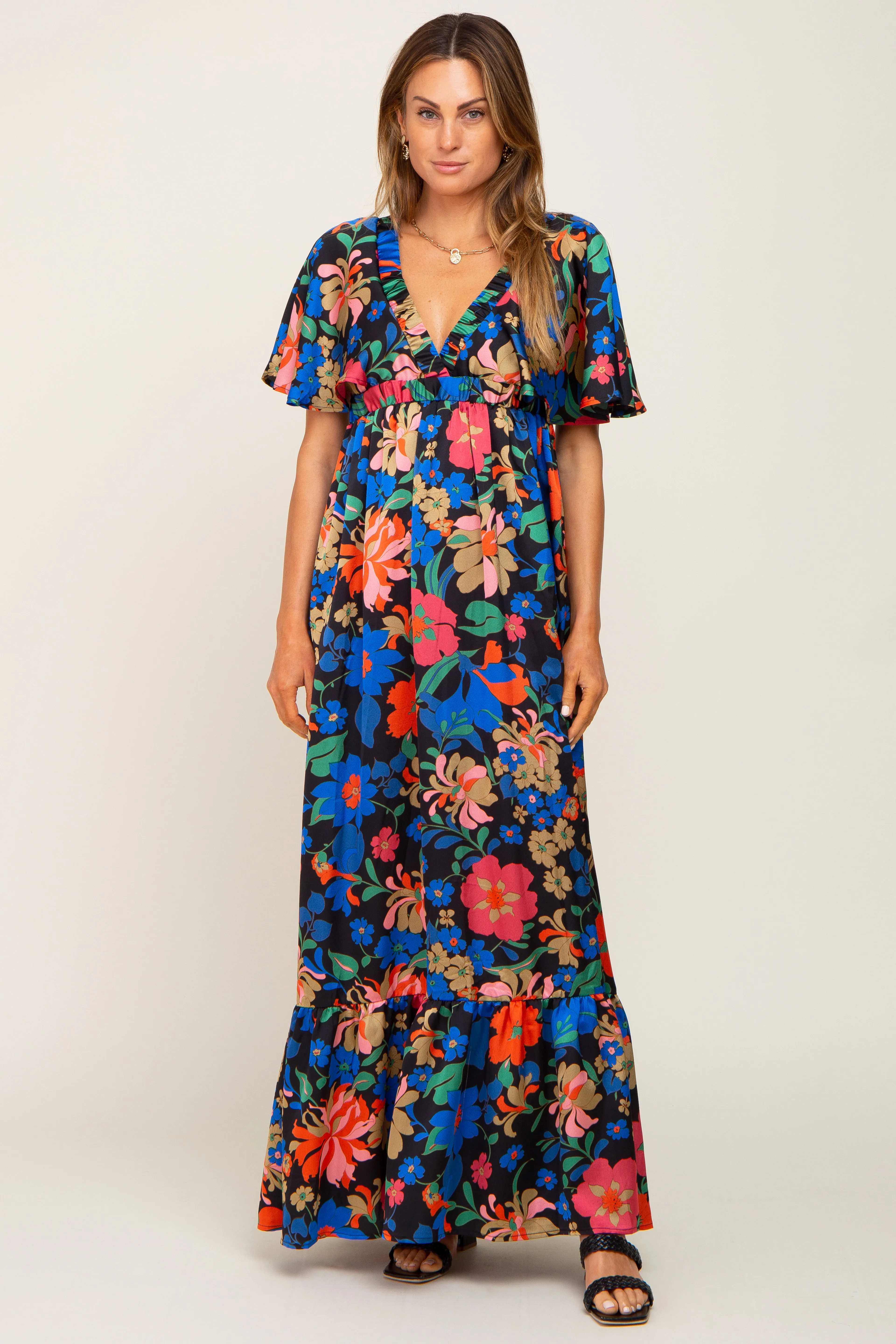 Black Floral Flounce Sleeve Maxi Dress sold by Pinkblush product image thumbnail 4