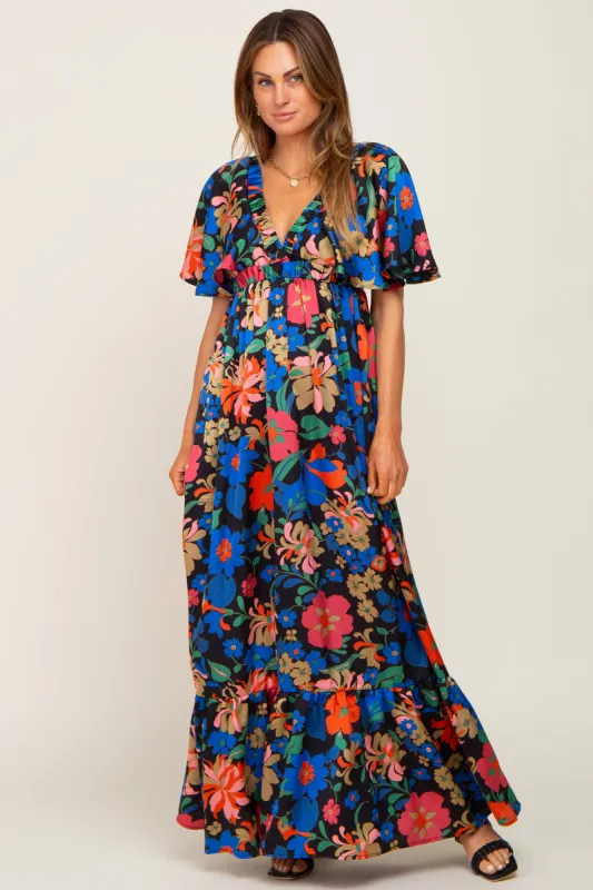 Black Floral Flounce Sleeve Maxi Dress sold by Pinkblush