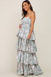 Mint Green Floral Ruffle Tiered Smocked Maternity Maxi Dress sold by Pinkblush