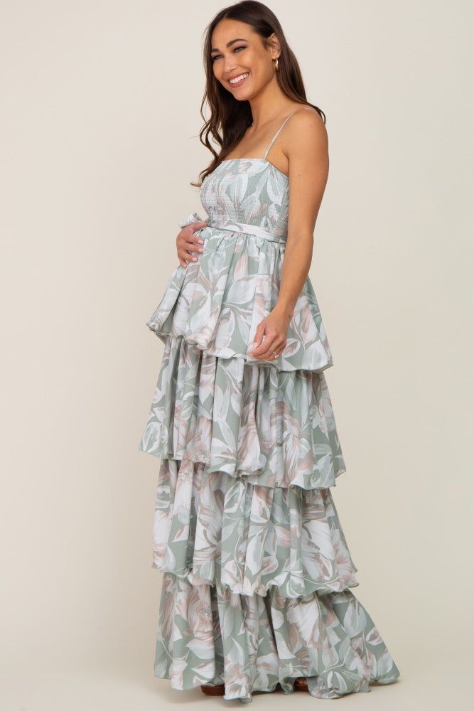 Mint Green Floral Ruffle Tiered Smocked Maternity Maxi Dress sold by Pinkblush product image thumbnail 3