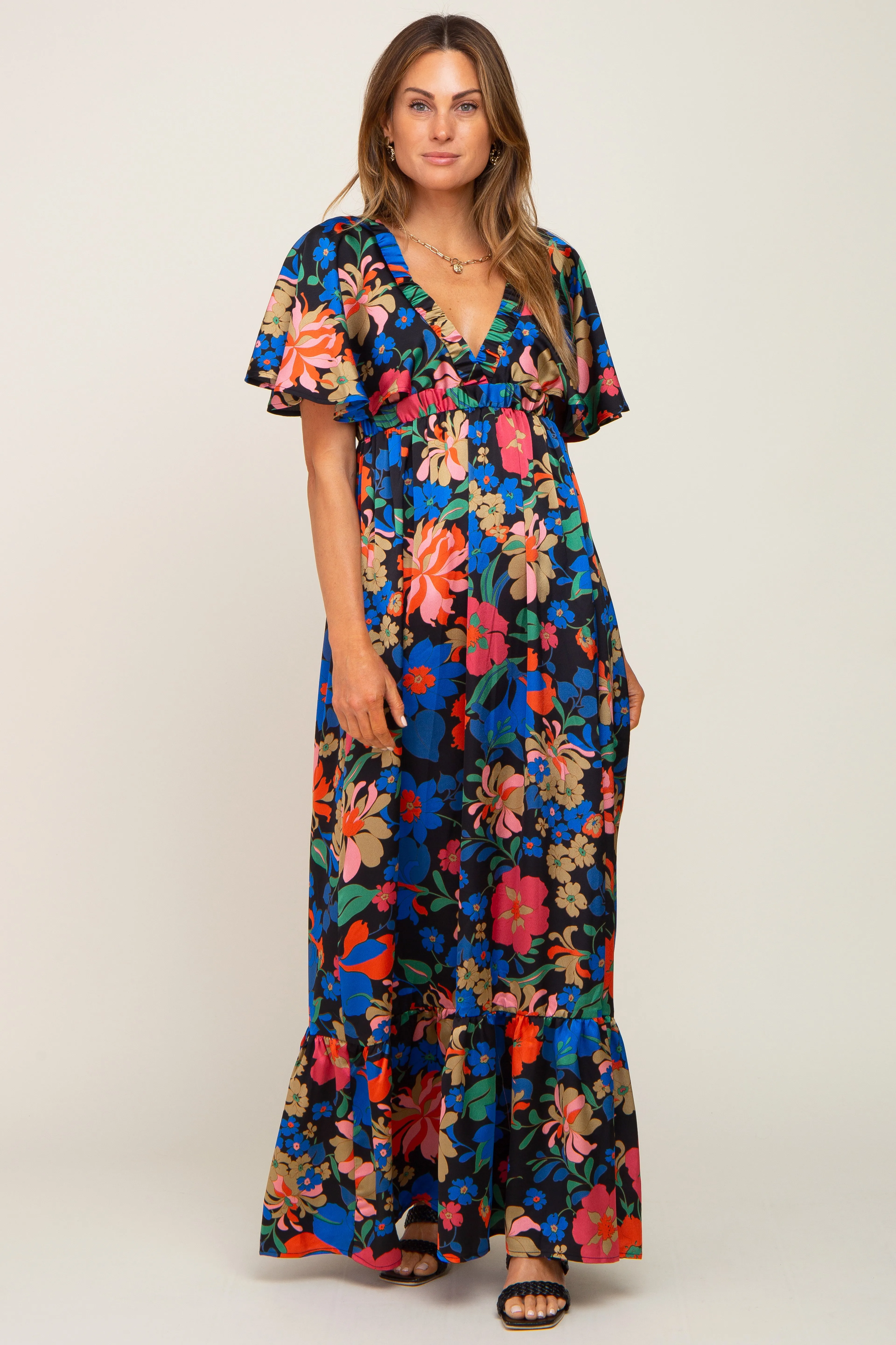 Black Floral Flounce Sleeve Maxi Dress sold by Pinkblush product image thumbnail 5