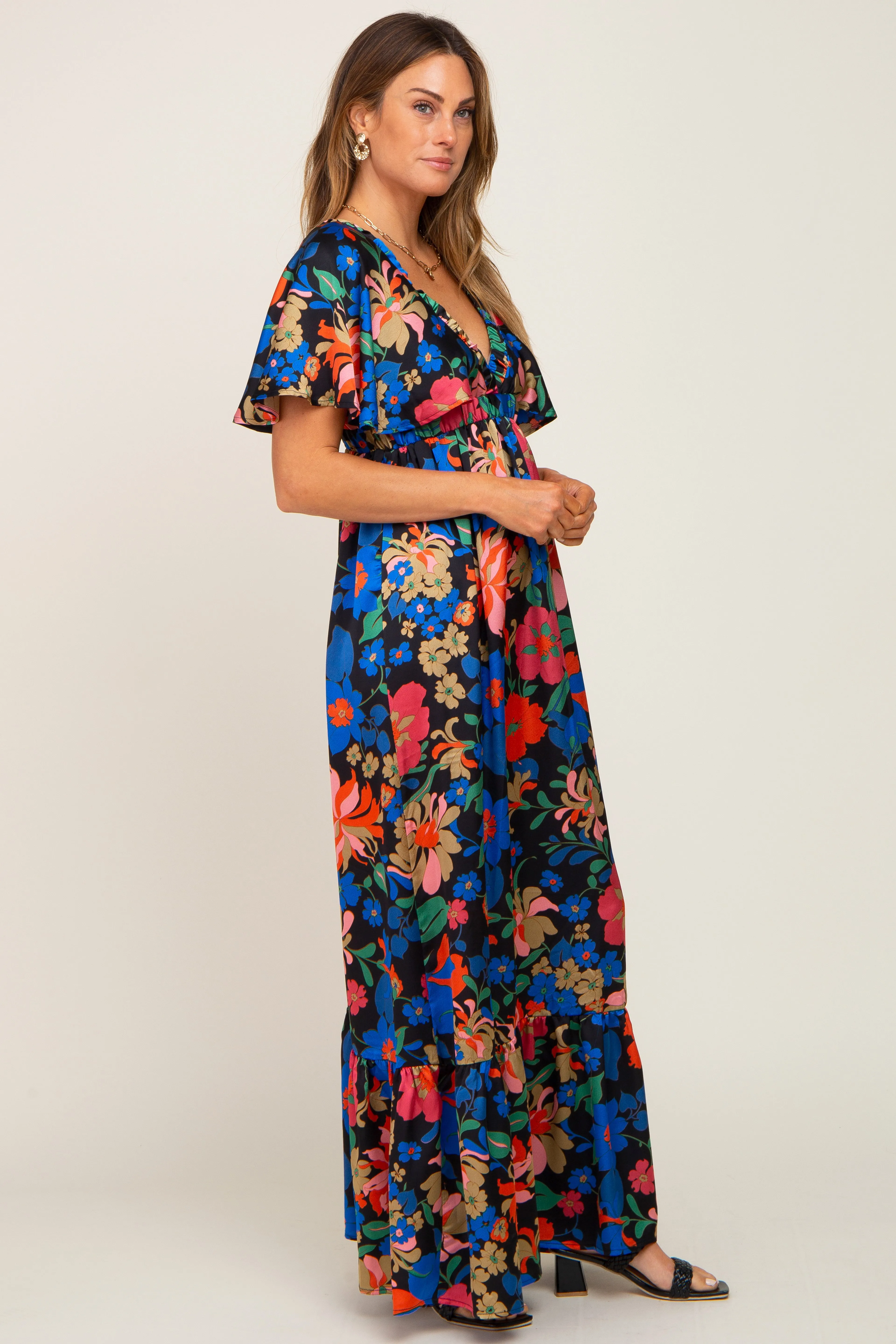 Black Floral Flounce Sleeve Maxi Dress sold by Pinkblush product image thumbnail 2