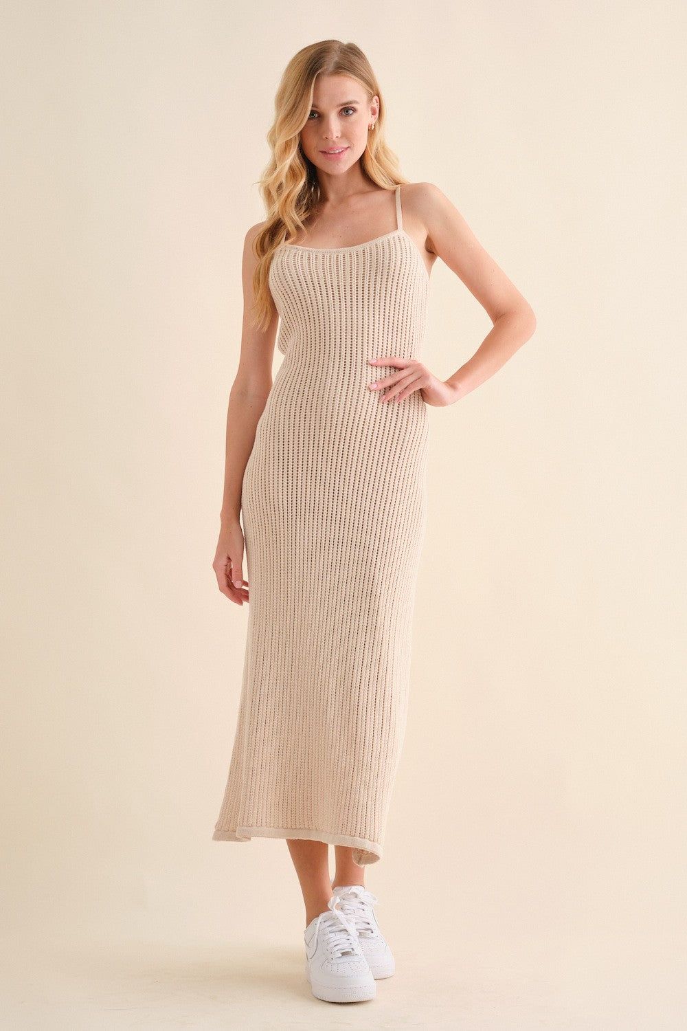Beige Open Knit Crochet Midi Dress sold by Pinkblush