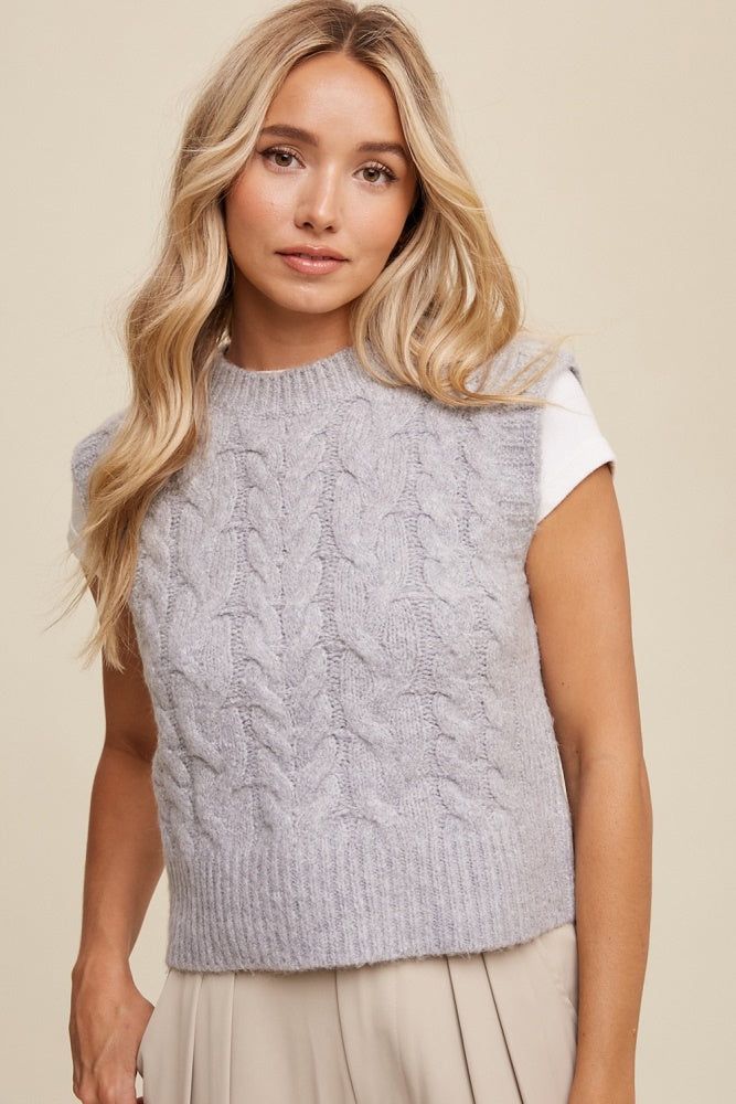 Heather Grey Cable Knit Cropped Sweater Vest sold by Pinkblush