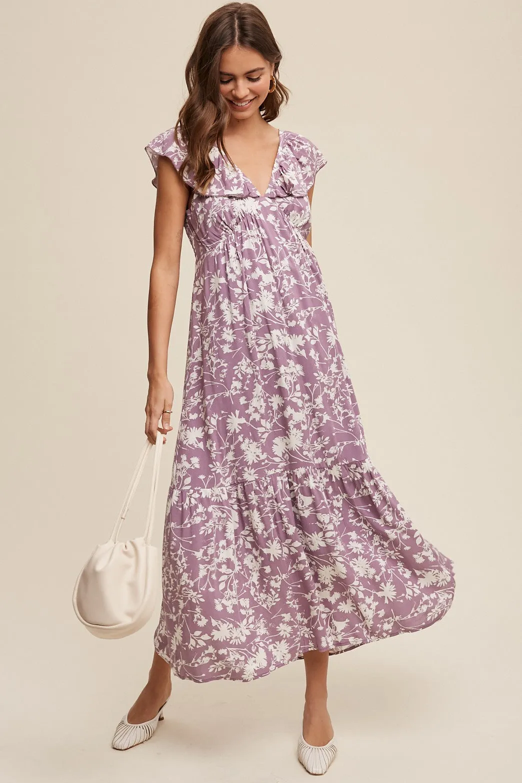 Lavender Floral Ruffle Maternity Midi Dress sold by Pinkblush product image thumbnail 4