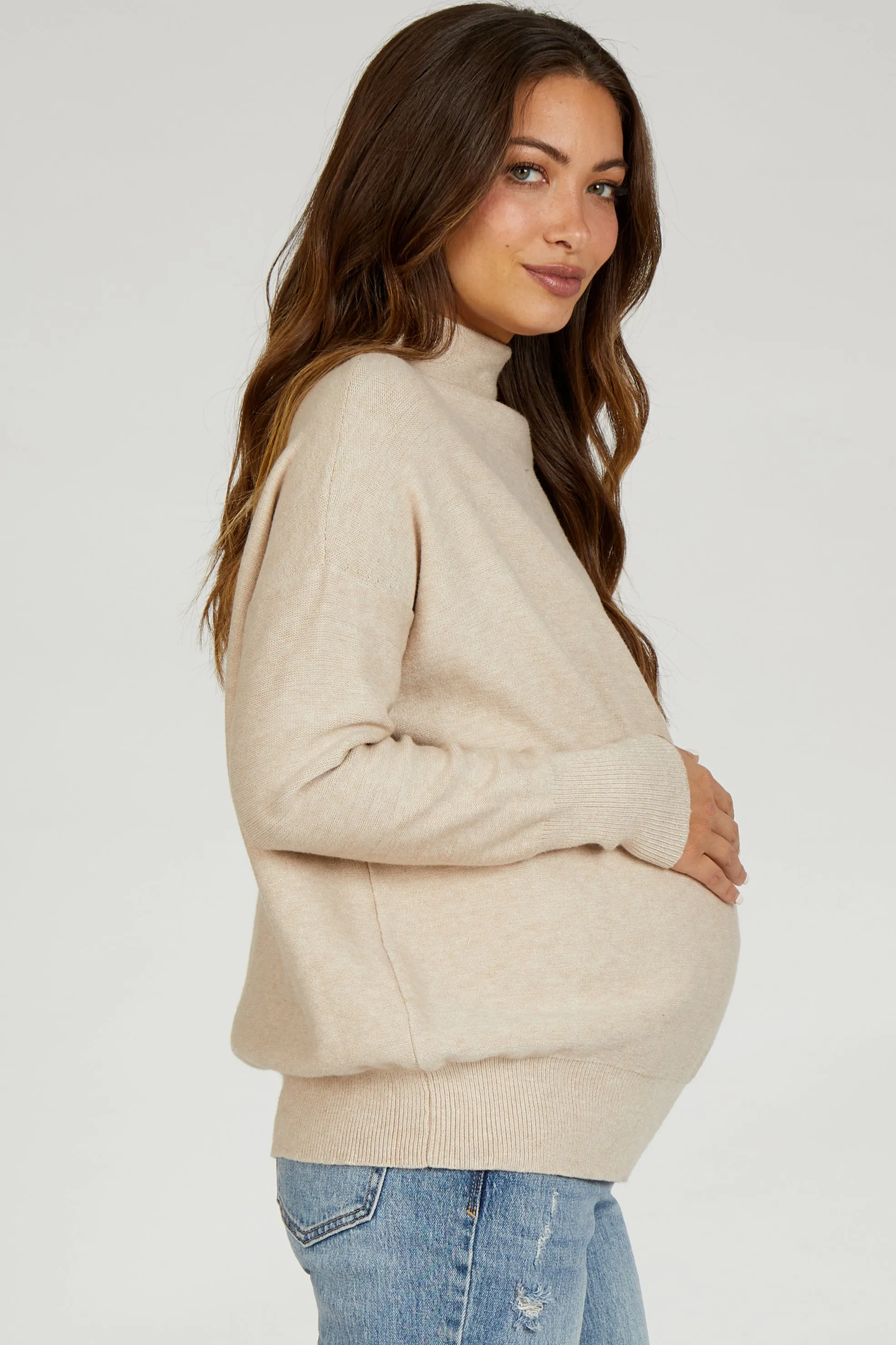 Beige Soft Knit Mock Neck Maternity Sweater sold by Pinkblush product image thumbnail 2