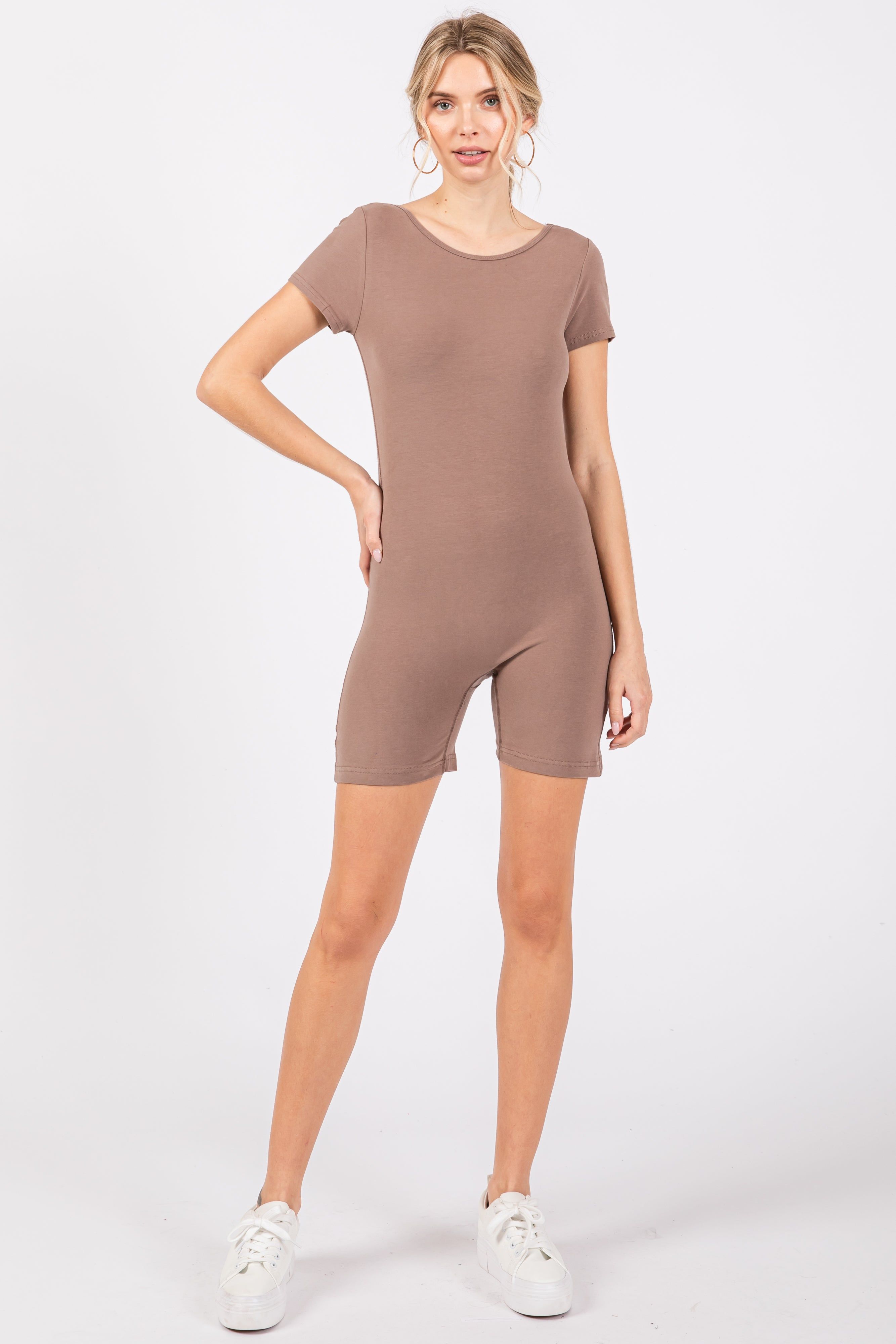 Mocha Fitted Short Sleeve Romper sold by Pinkblush