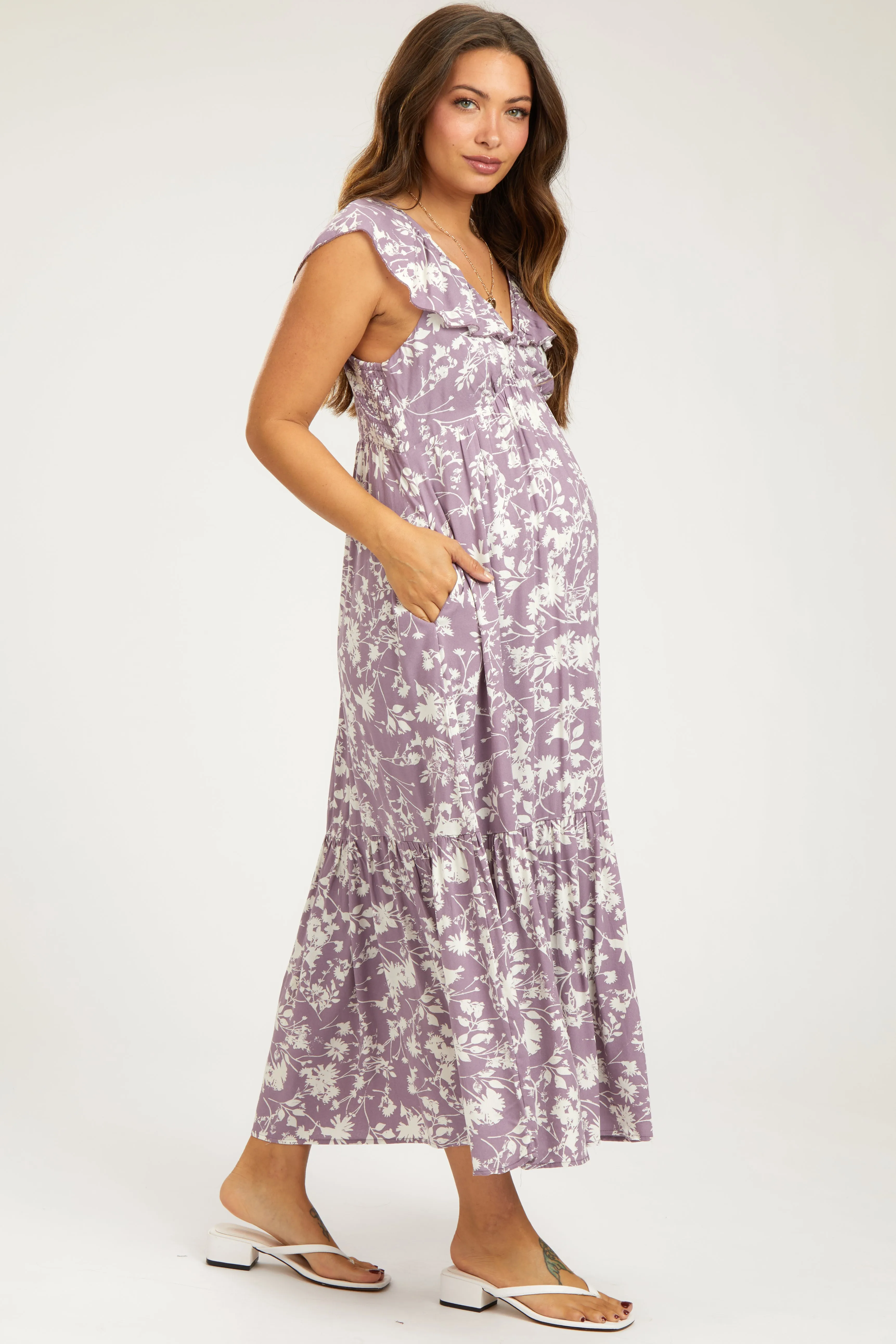Lavender Floral Ruffle Maternity Midi Dress sold by Pinkblush product image thumbnail 2