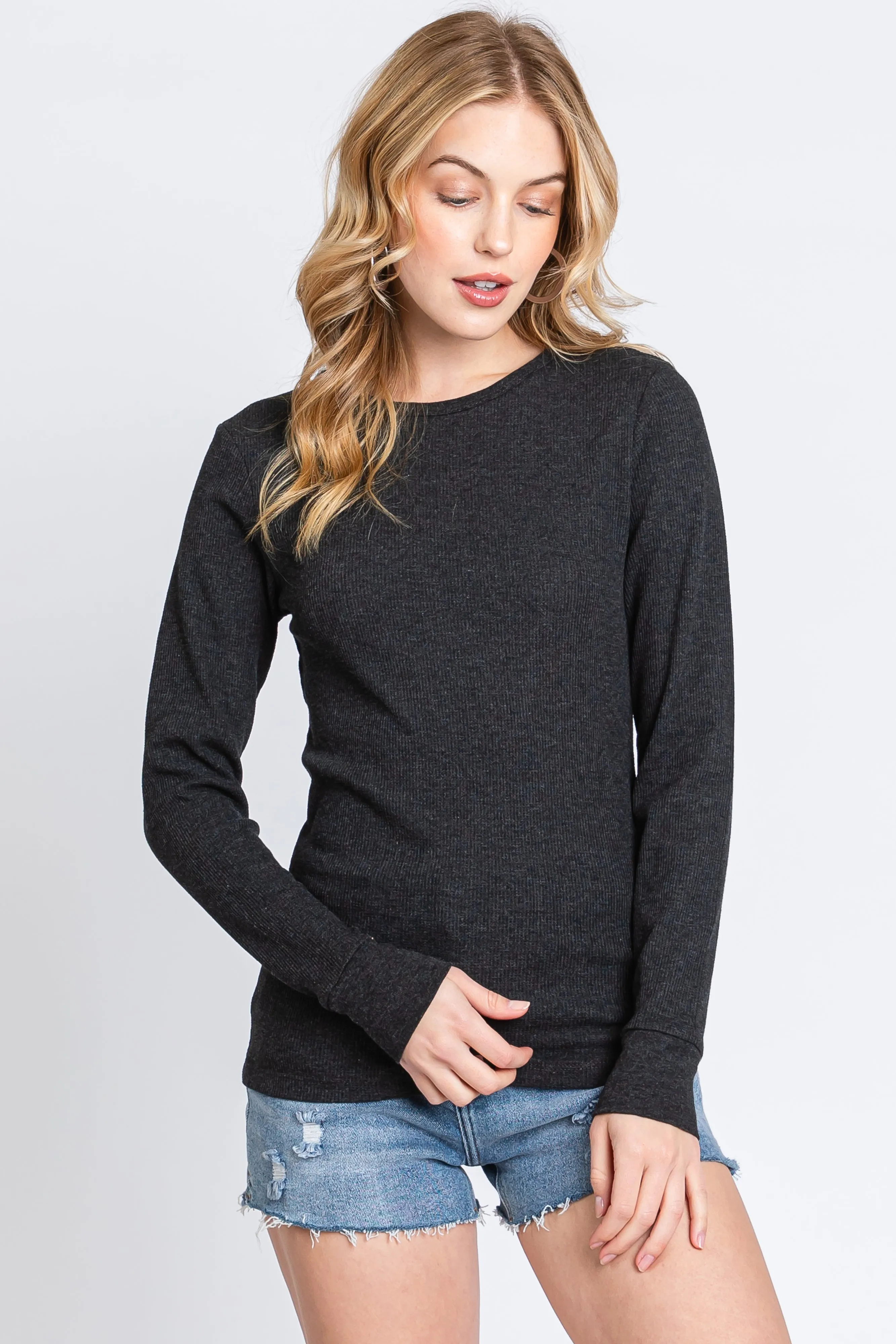 Charcoal Waffle Knit Basic Long Sleeve Maternity Top sold by Pinkblush product image thumbnail 5