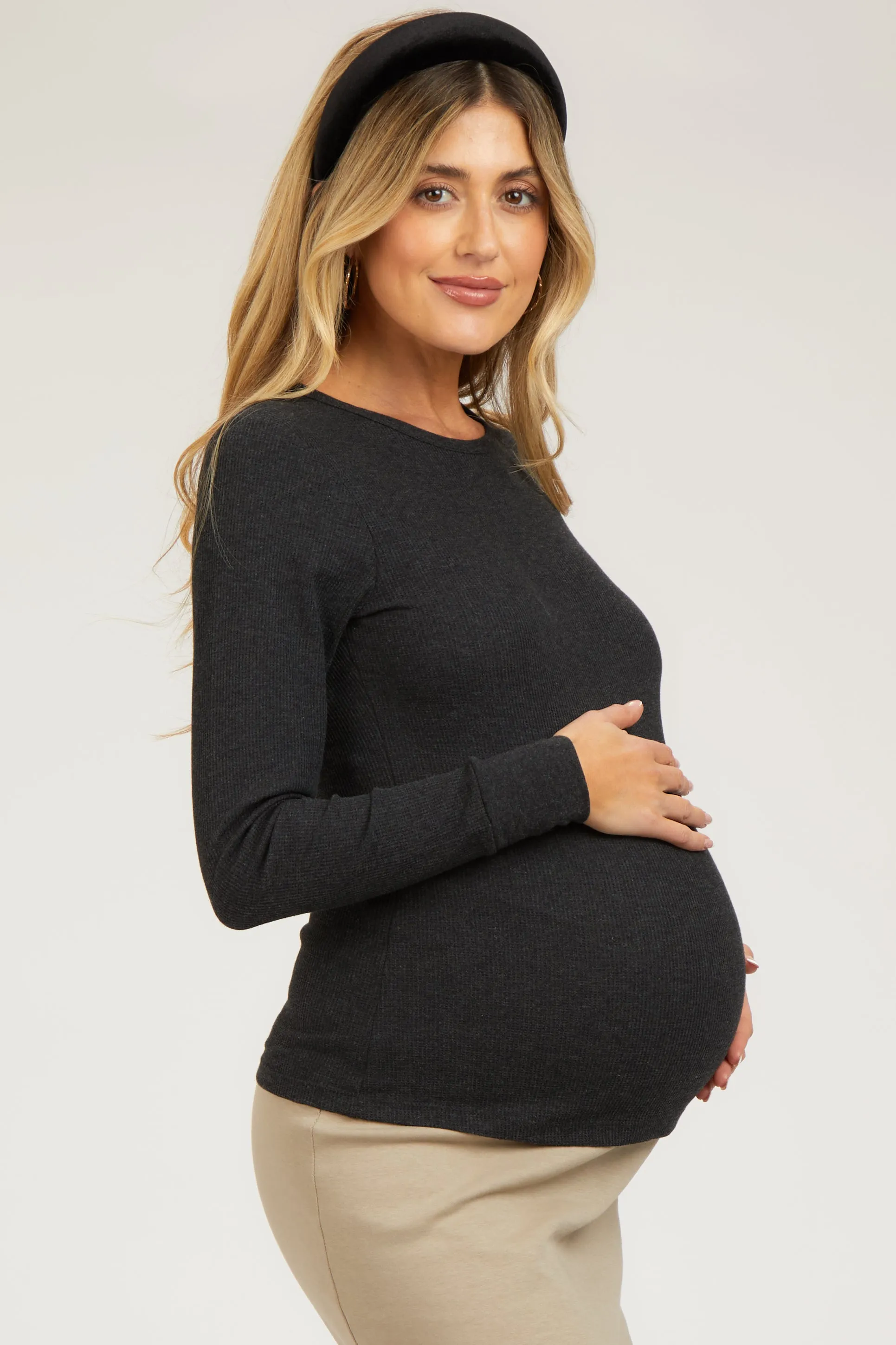 Charcoal Waffle Knit Basic Long Sleeve Maternity Top sold by Pinkblush product image thumbnail 2