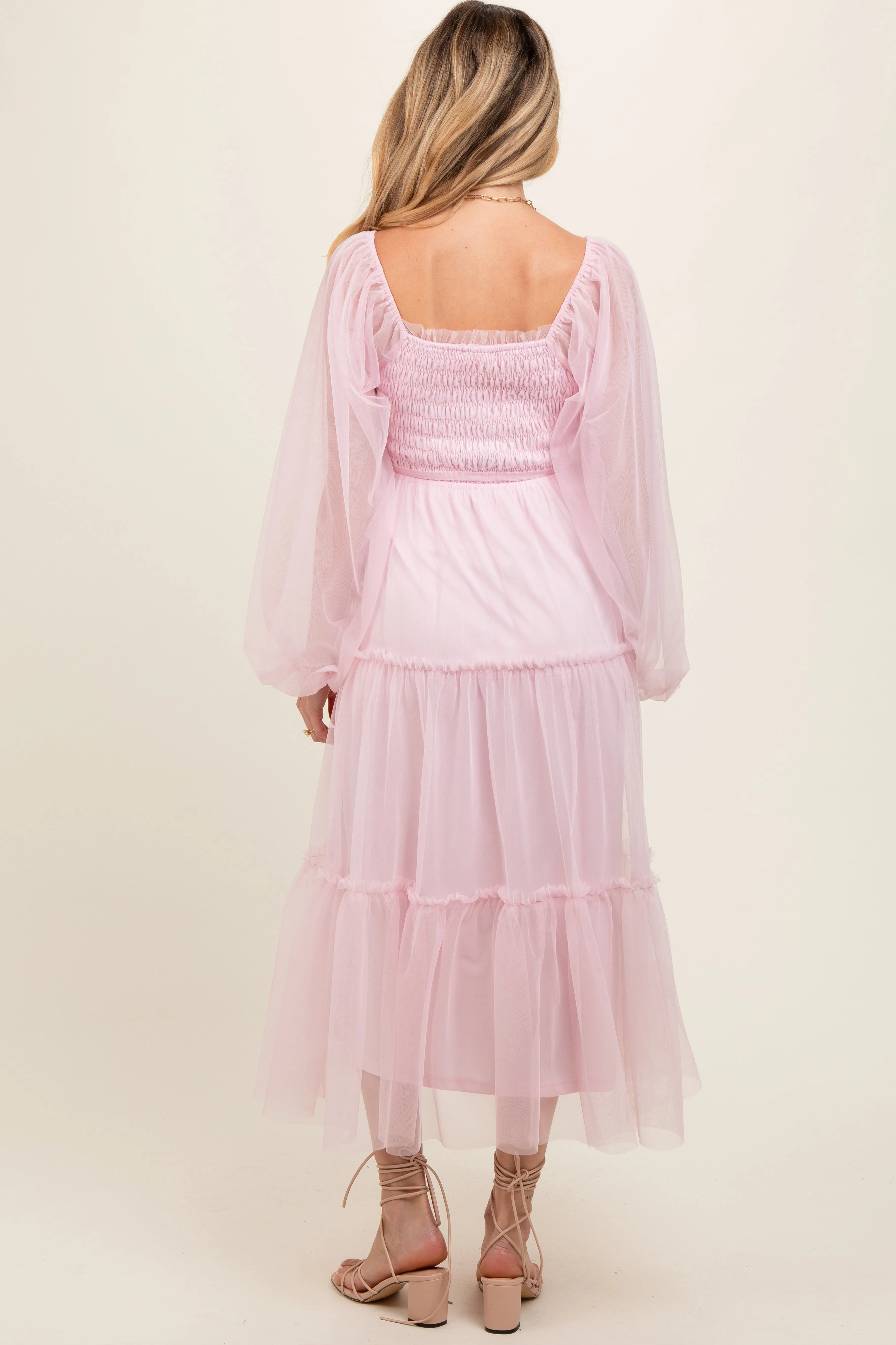 Pink Mesh Tiered Long Sleeve Maternity Maxi Dress sold by Pinkblush product image thumbnail 4