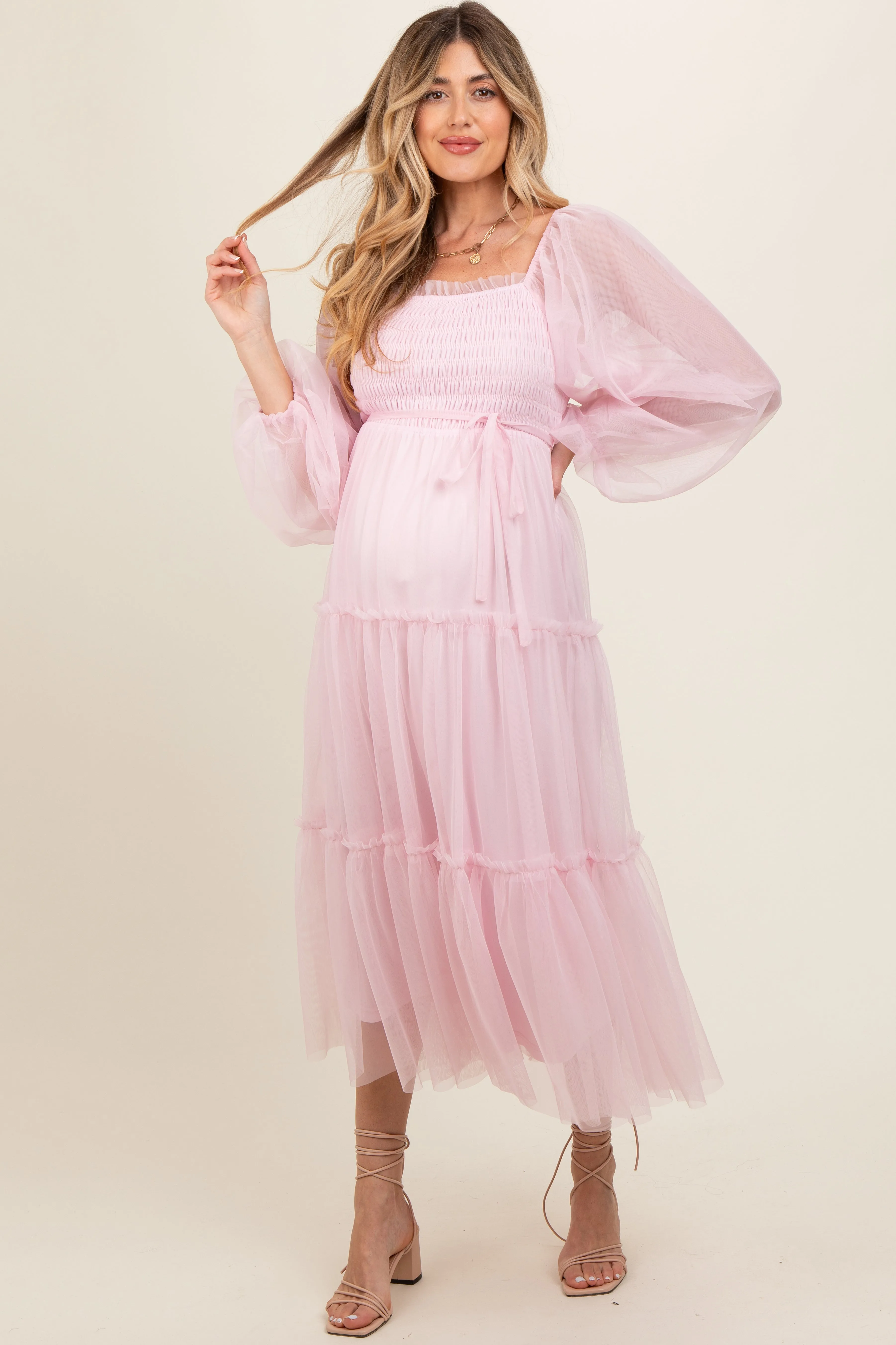 Pink Mesh Tiered Long Sleeve Maternity Maxi Dress sold by Pinkblush