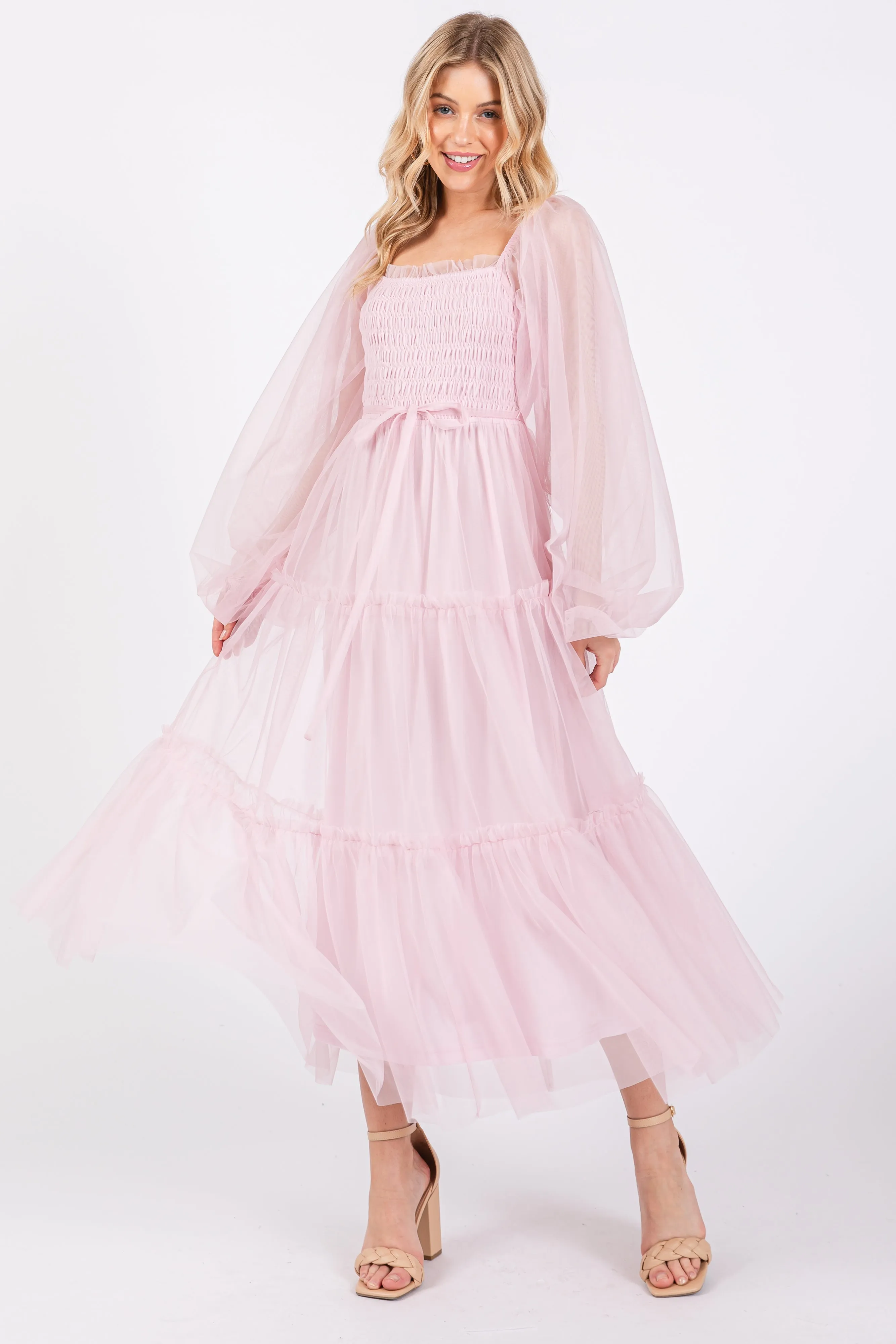 Pink Mesh Tiered Long Sleeve Maternity Maxi Dress sold by Pinkblush product image thumbnail 5