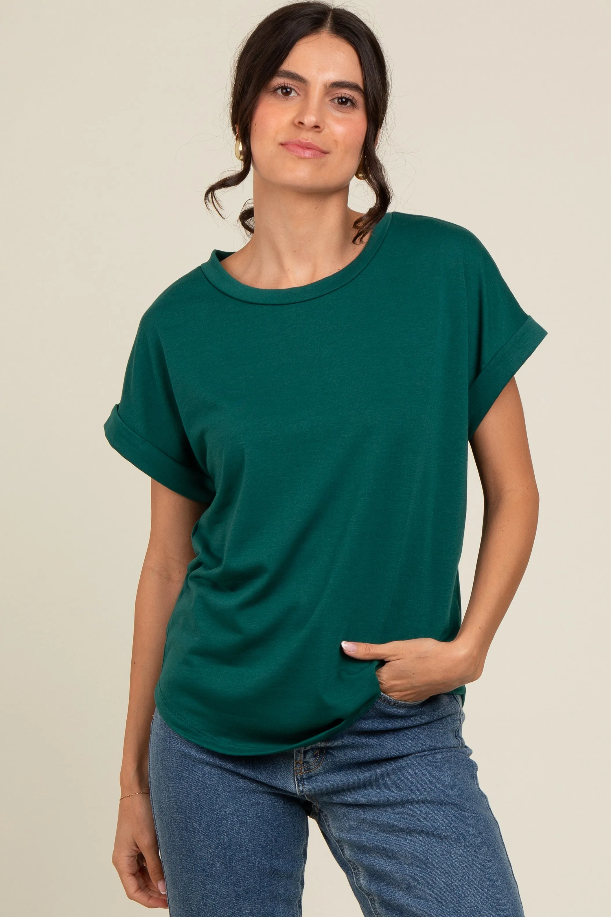 Hunter Green Cuff Sleeve Top sold by Pinkblush