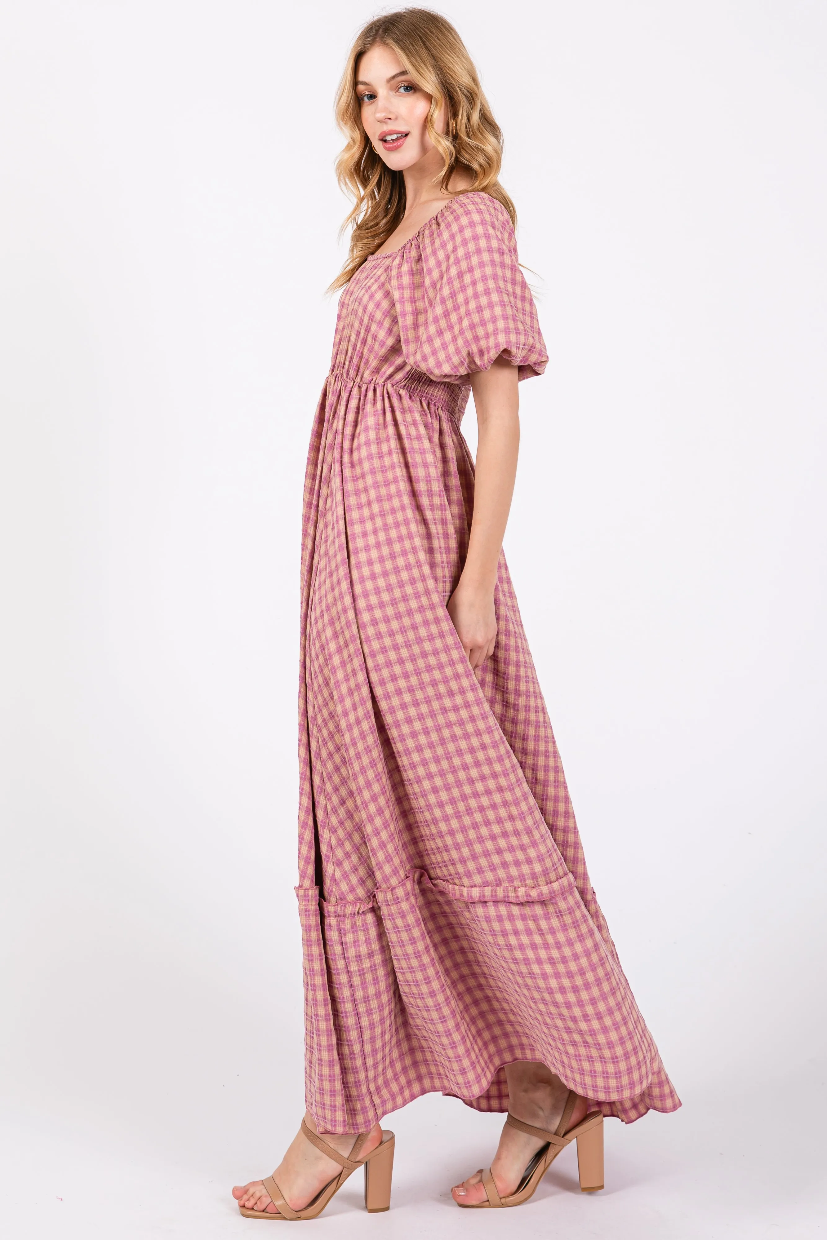 Pink Plaid Puff Sleeve Maxi Dress sold by Pinkblush product image thumbnail 2