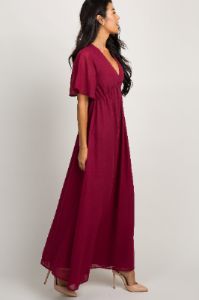 Burgundy Chiffon Bell Sleeve Maxi Dress sold by Pinkblush