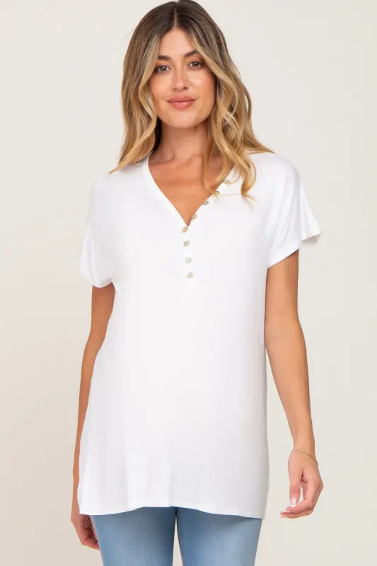 Ivory Button V-Neck Maternity Short Sleeve Top sold by Pinkblush