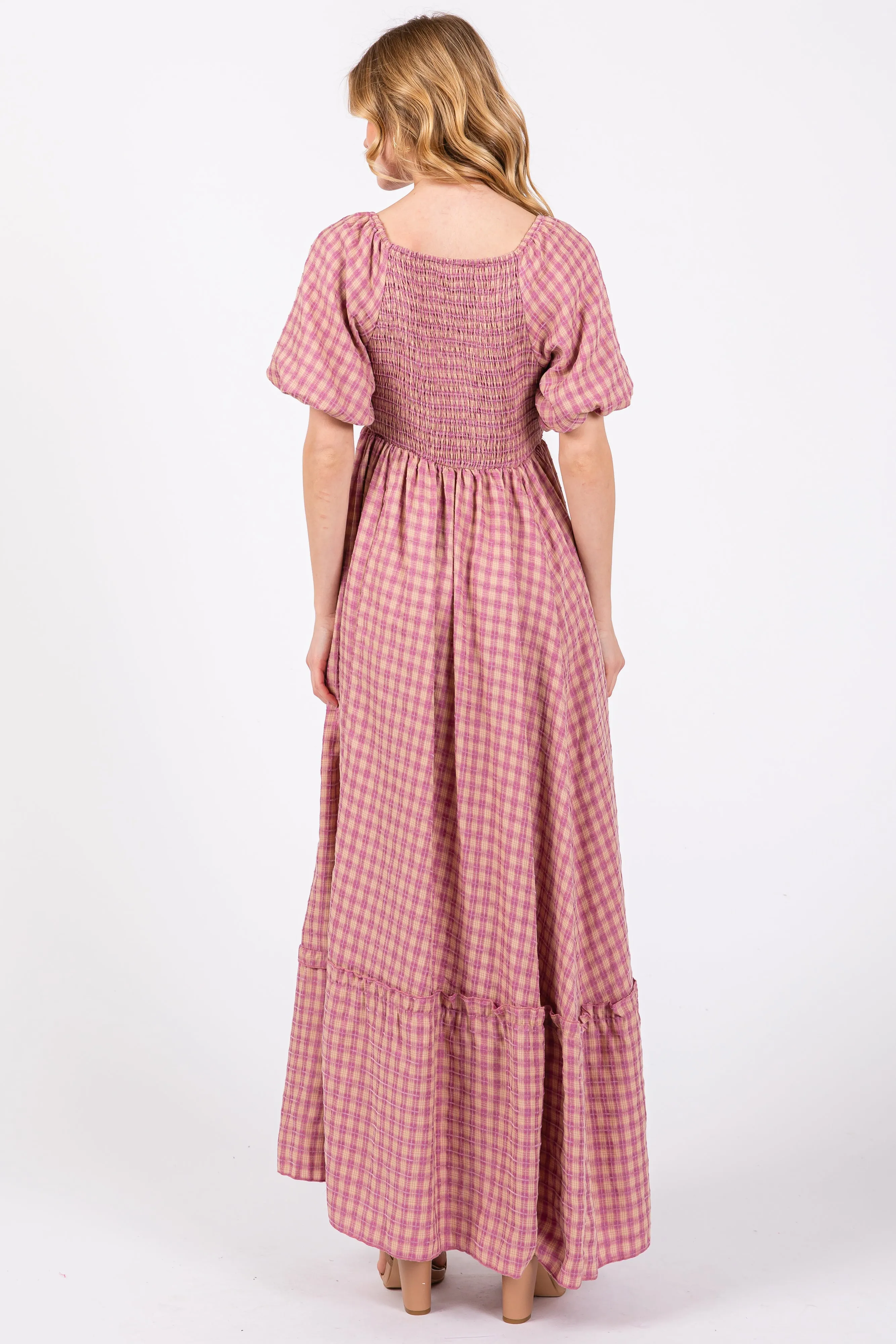Pink Plaid Puff Sleeve Maxi Dress sold by Pinkblush product image thumbnail 3