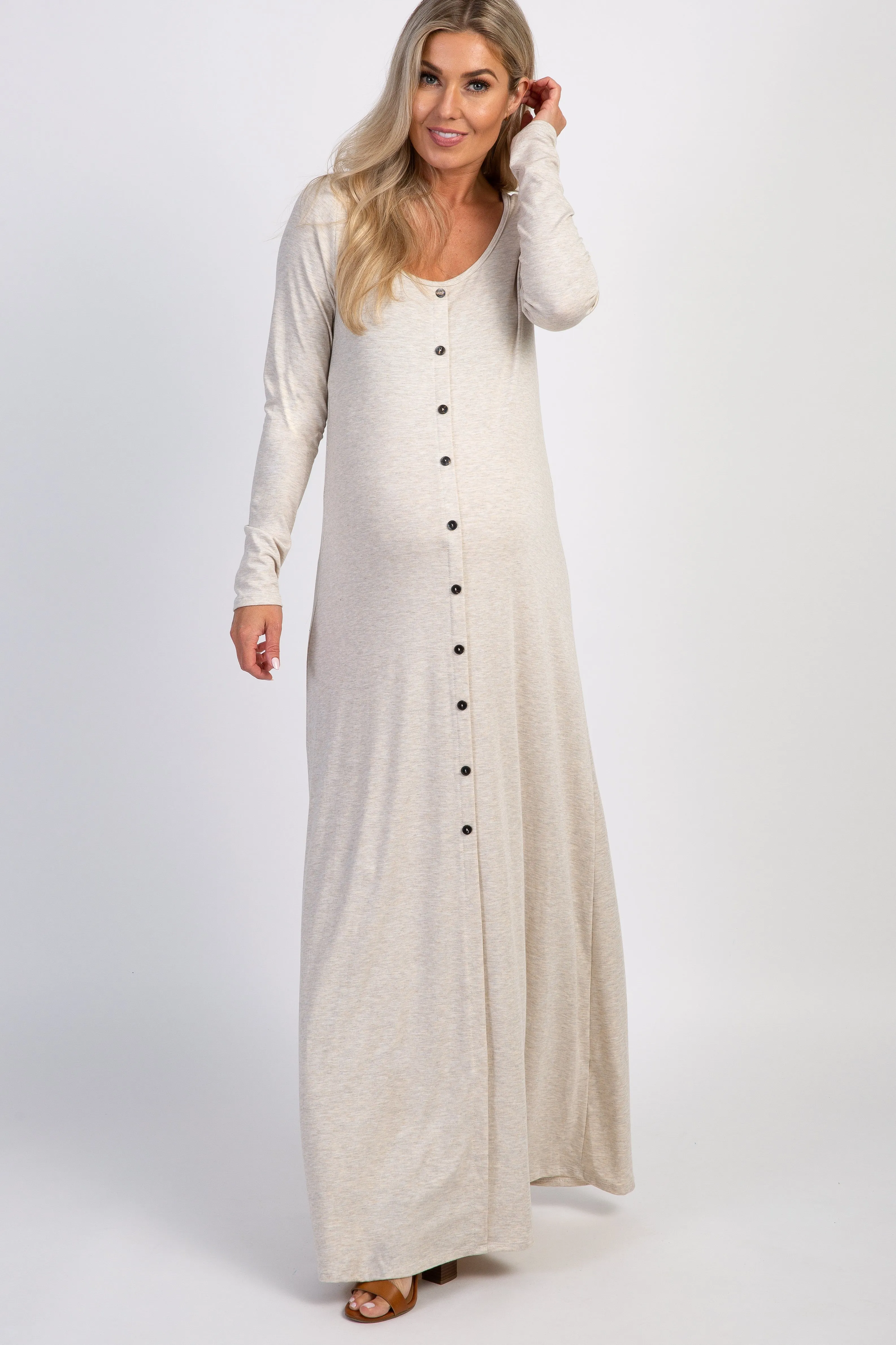 PinkBlush Beige Button Front Maternity Maxi Dress sold by Pinkblush