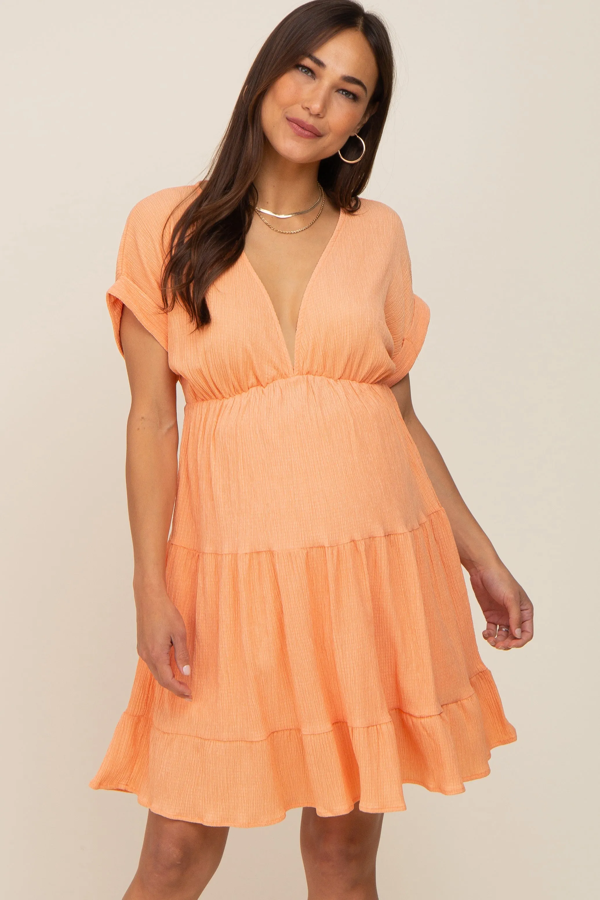 Peach V-Neck Tiered Cutout Back Maternity Dress sold by Pinkblush