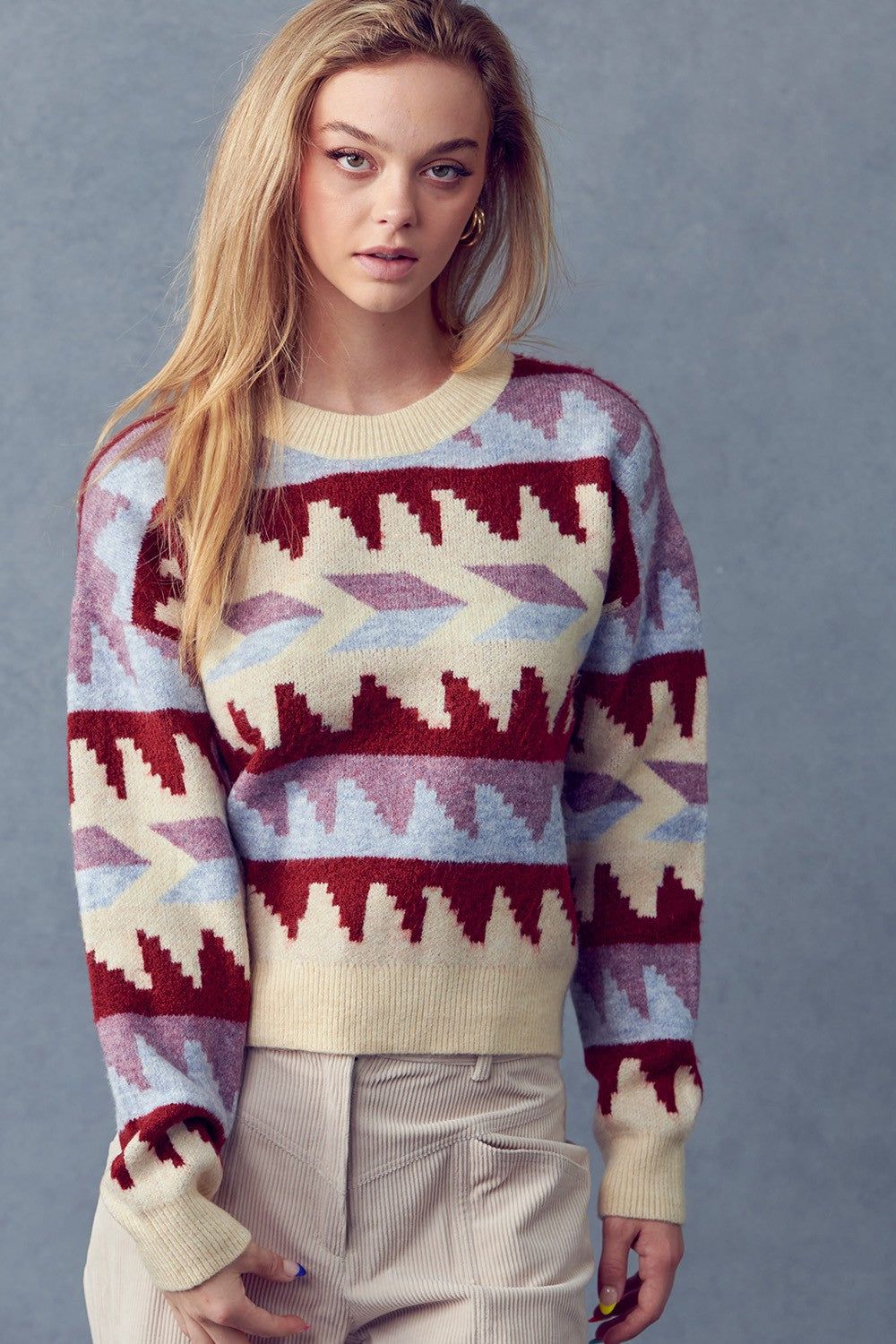 Burgundy Multi Geometric Fair Isle Pullover Sweater sold by Pinkblush
