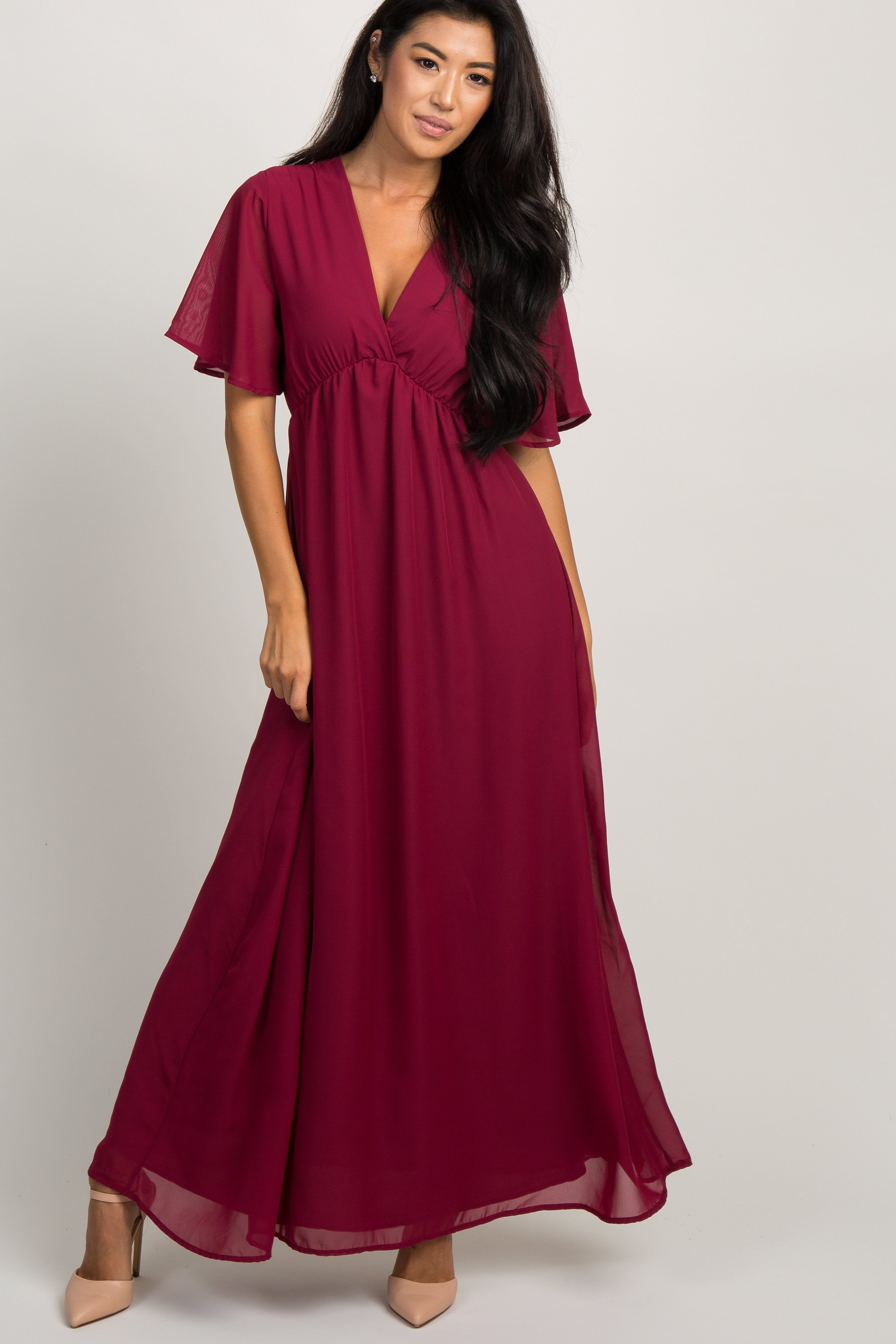 Burgundy Chiffon Bell Sleeve Maxi Dress sold by Pinkblush